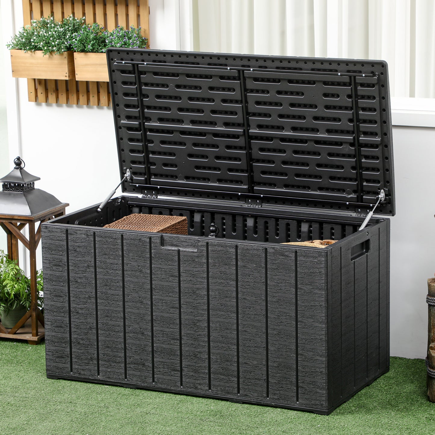 Outsunny Baúl de Almacenamiento Exterior 366L Arcón para Jardín de Plástico de Doble Pared con Ruedas y Asas para Terraza Patio Carga 100 kg 122,4x62x64,5 cm Negro