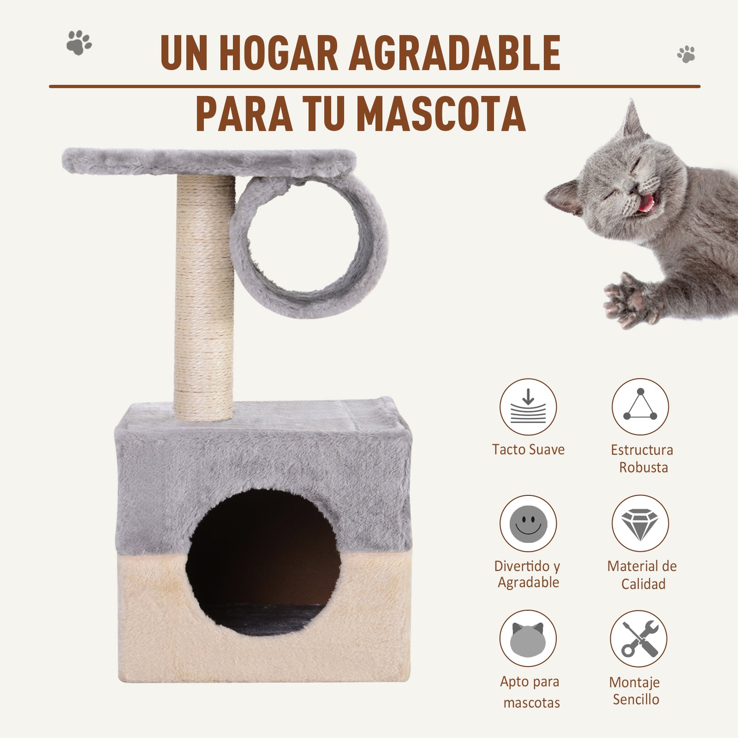 PawHut Rascador Árbol para Gatos 31x31x58 cm con Poste Central Casa Cama de Felpa Suave para Arañar Dormir y Jugar Gris y Beige