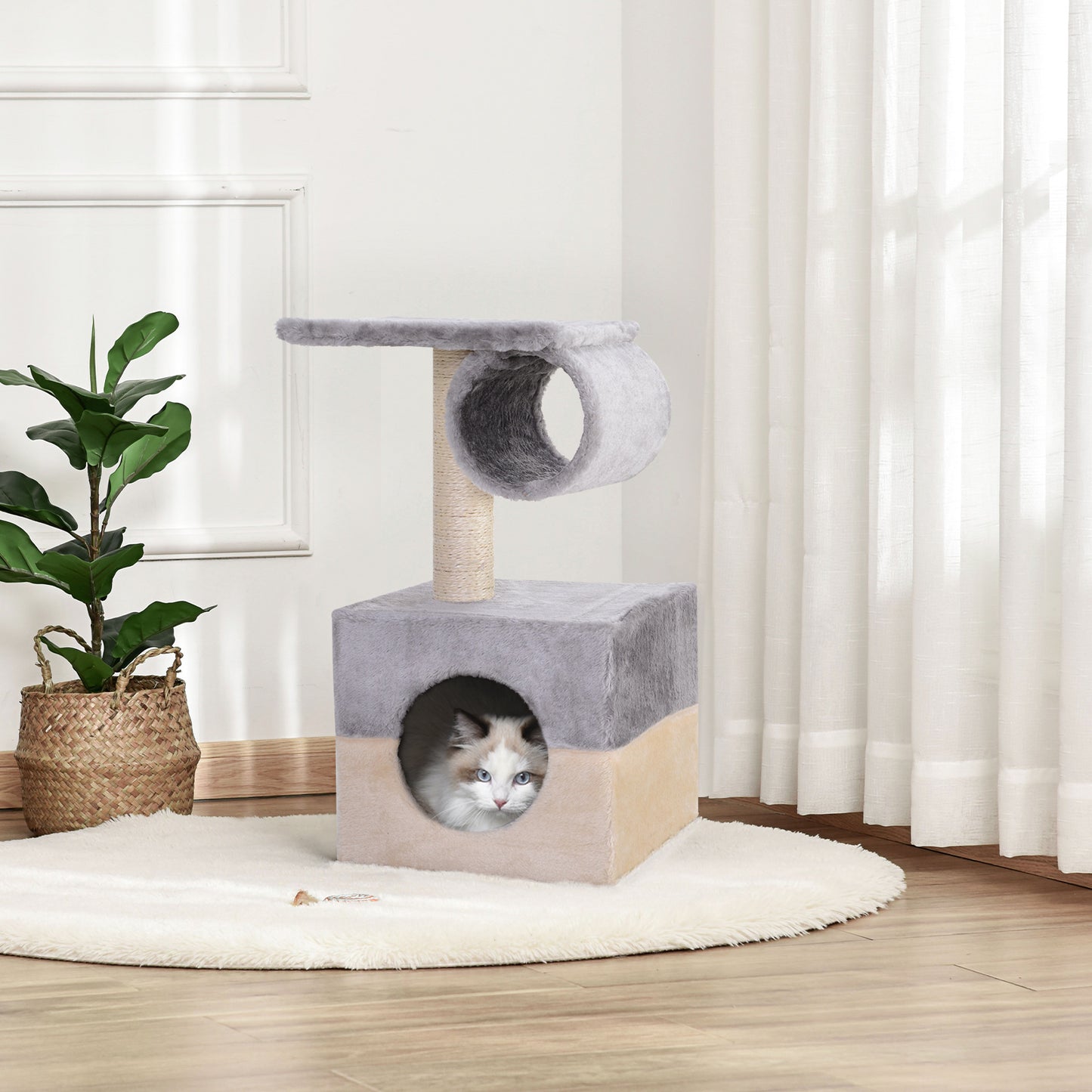 PawHut Rascador Árbol para Gatos 31x31x58 cm con Poste Central Casa Cama de Felpa Suave para Arañar Dormir y Jugar Gris y Beige