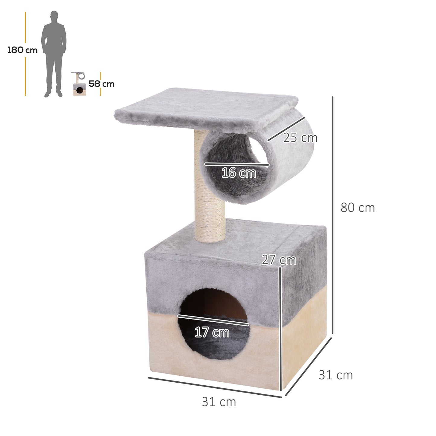 PawHut Rascador Árbol para Gatos 31x31x58 cm con Poste Central Casa Cama de Felpa Suave para Arañar Dormir y Jugar Gris y Beige