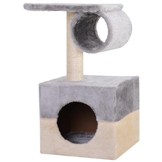 PawHut Rascador Árbol para Gatos 31x31x58 cm con Poste Central Casa Cama de Felpa Suave para Arañar Dormir y Jugar Gris y Beige