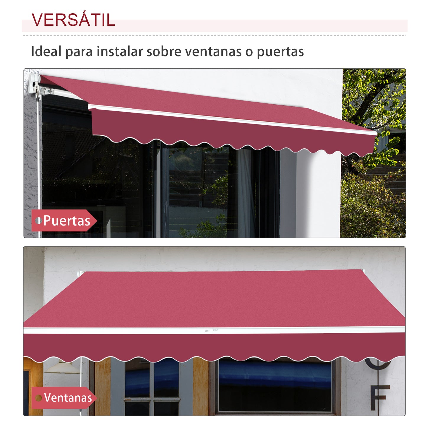 Outsunny Toldo Manual Retráctil 395x245 cm Toldo para Balcón con Manivela de Metal Impermeable y Anti-UV Toldo Enrollable de Exterior para Jardín Terraza Ventanas Rojo