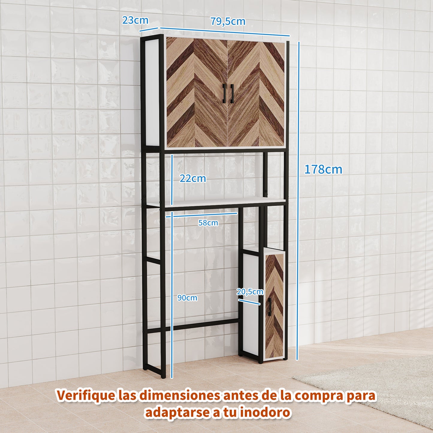 HOMCOM Mueble sobre Inodoro Armario sobre Inodoro con 3 Puertas 2 Estantes Ajustables y Compartimento Abierto Mueble de Baño 79,5x23x178 cm Multicolor