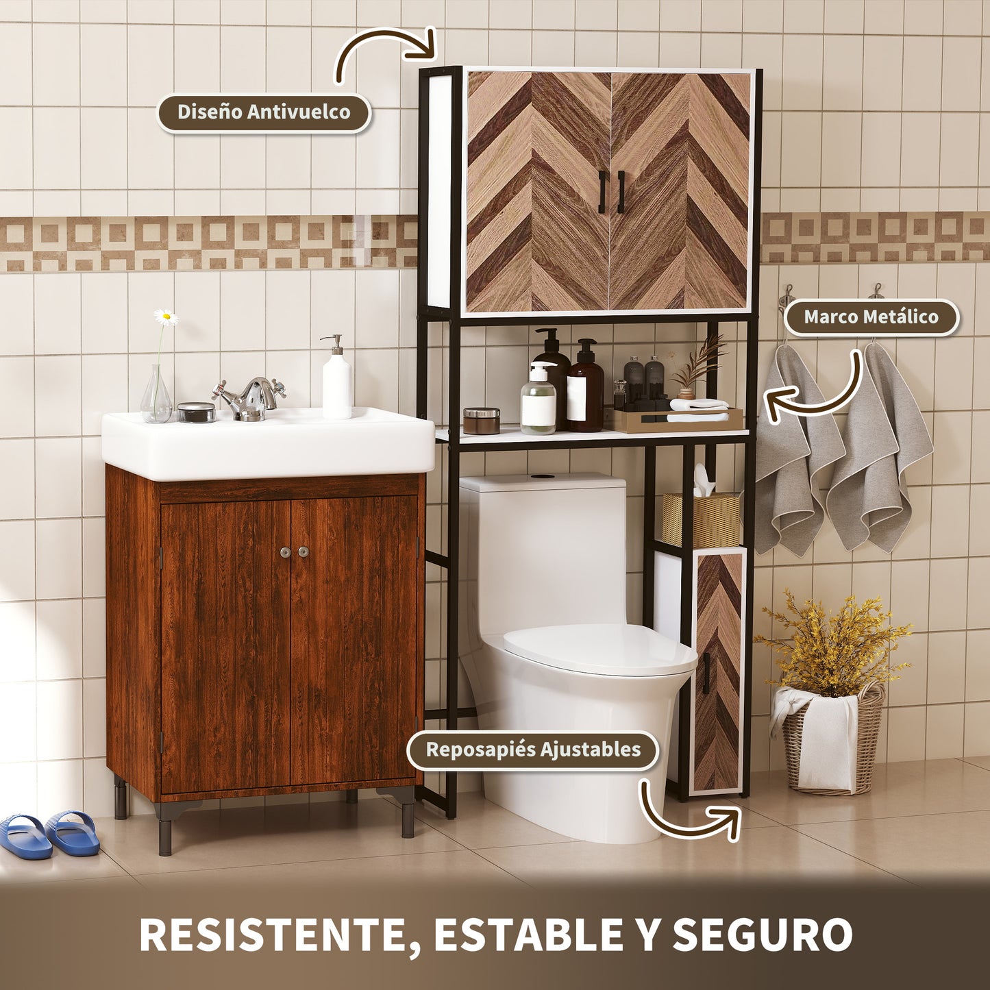 HOMCOM Mueble sobre Inodoro Armario sobre Inodoro con 3 Puertas 2 Estantes Ajustables y Compartimento Abierto Mueble de Baño 79,5x23x178 cm Multicolor