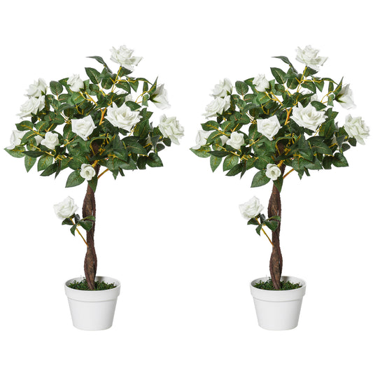 Outsunny Juego de 2 Plantas Artificiales Rosas Artificiales con 21 Flores y Maceta de Cemento Plantas Sintéticas para Decoración Hogar Salón Oficina Verde y Blanco