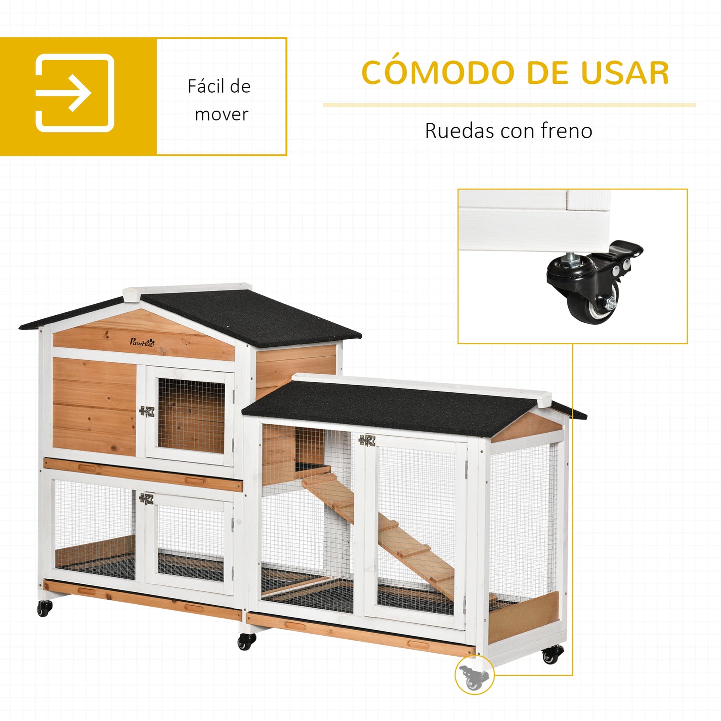 PawHut Conejera de Madera 157,4x53x99,5 cm Jaula para Conejos Grande con Ruedas Techo Asfáltico Bandeja Extraíble y Rampa para Exterior Natural