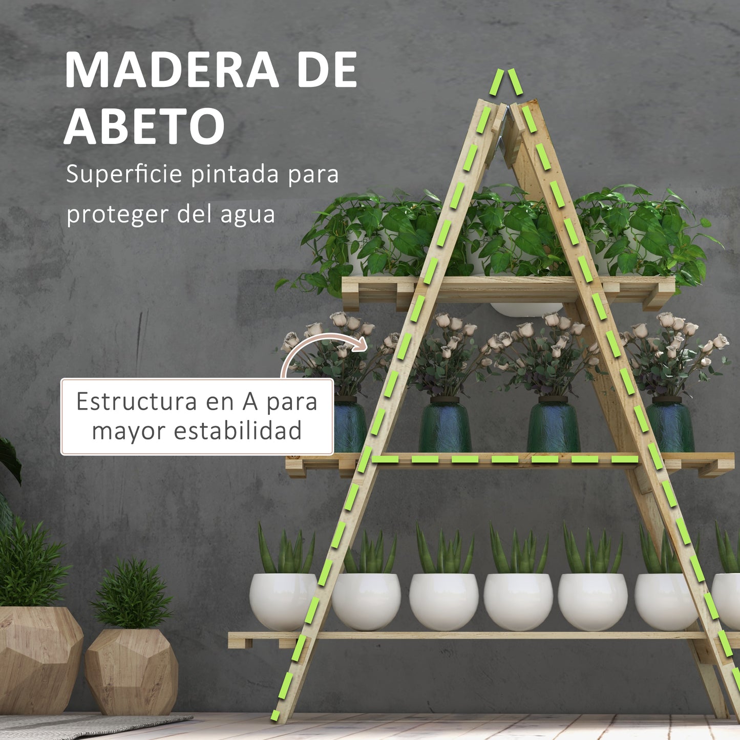 Outsunny Estantería para Plantas Plegable de Madera Soporte para Macetas de 3 Niveles con Marco en A para Exteriores Interiores Salón Jardín Balcón 100x36x112 cm Natural