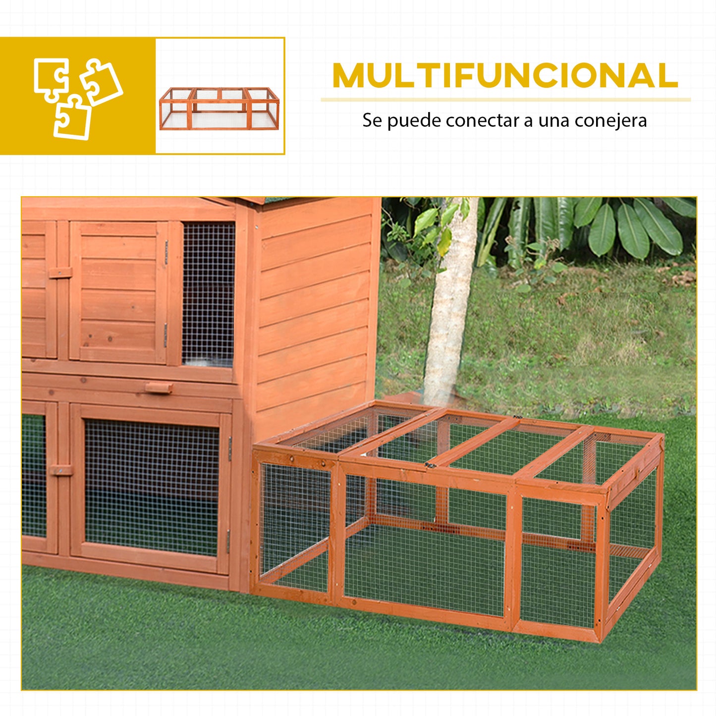 PawHut Conejera Exterior de Madera 180x90x48 cm Jaulas para Conejos Grande Casa para Animales Pequeños con 3 Puertas y Alambre de Metal Natural