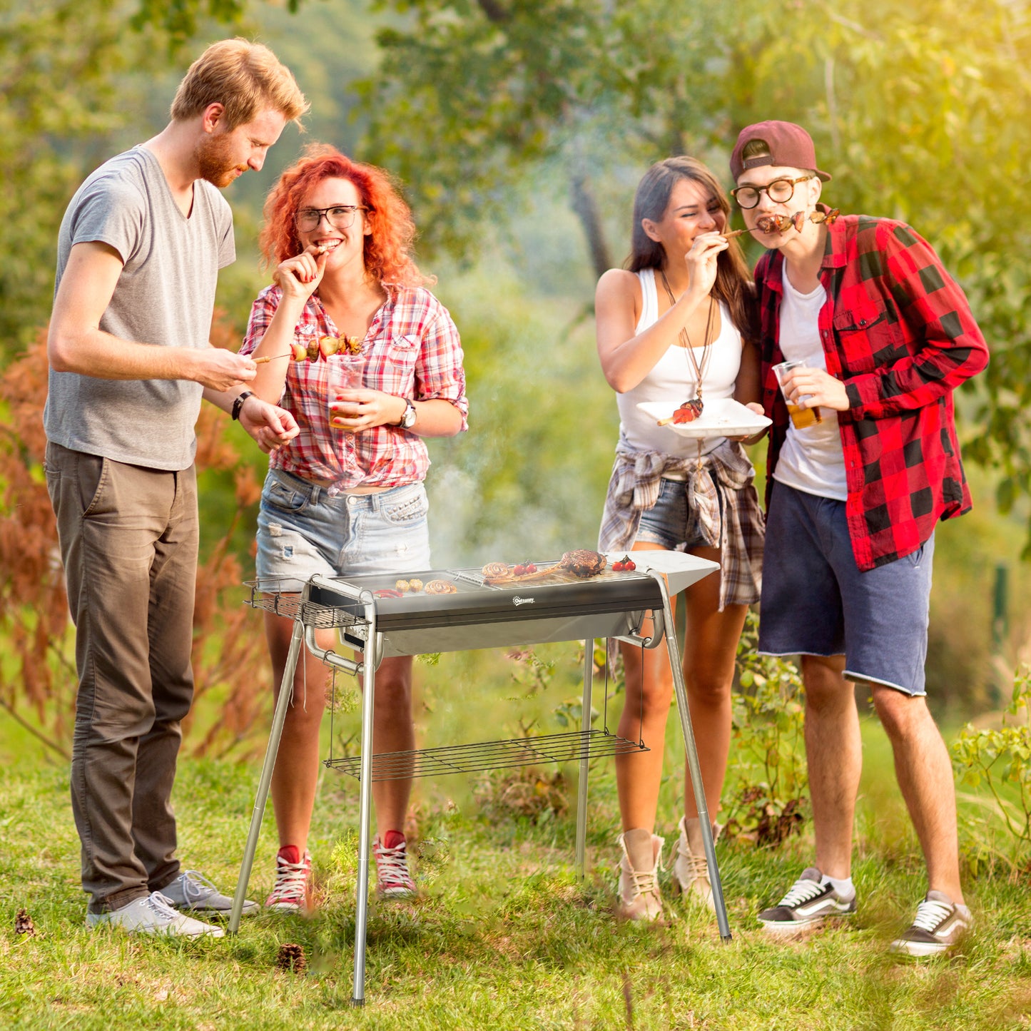 Outsunny Barbacoa de Carbón Barbacoa Portátil con Parrilla de Acero Inoxidable Bandeja Especiero y Estante de Almacenamiento para Jardín Camping 96x61x72 cm Negro