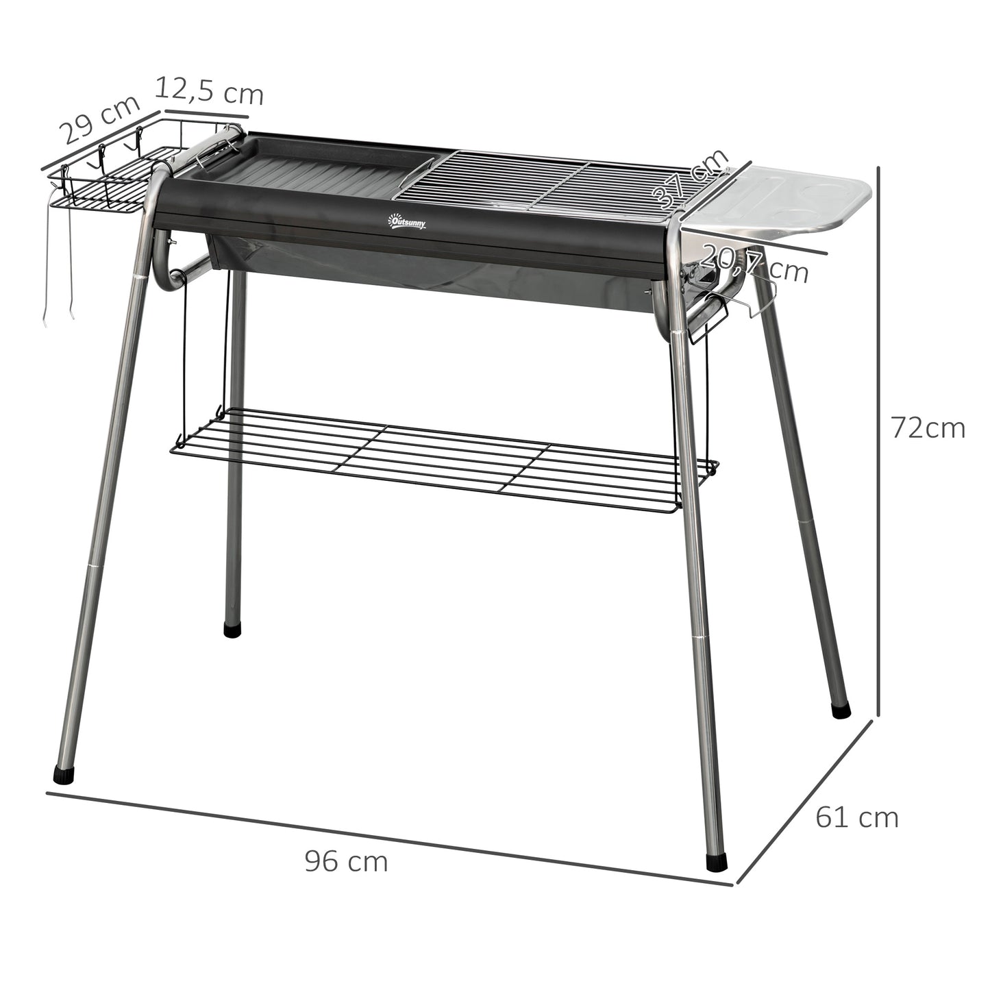 Outsunny Barbacoa de Carbón Barbacoa Portátil con Parrilla de Acero Inoxidable Bandeja Especiero y Estante de Almacenamiento para Jardín Camping 96x61x72 cm Negro