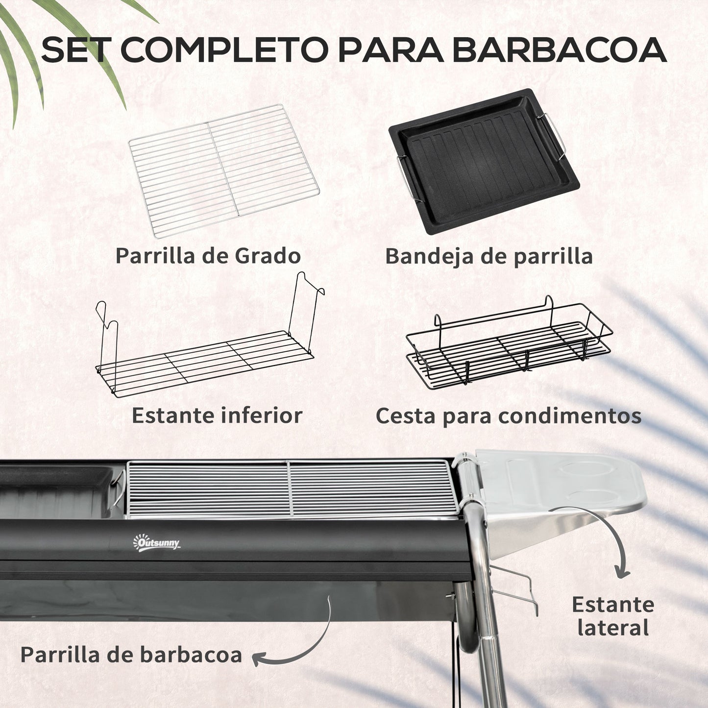 Outsunny Barbacoa de Carbón Barbacoa Portátil con Parrilla de Acero Inoxidable Bandeja Especiero y Estante de Almacenamiento para Jardín Camping 96x61x72 cm Negro