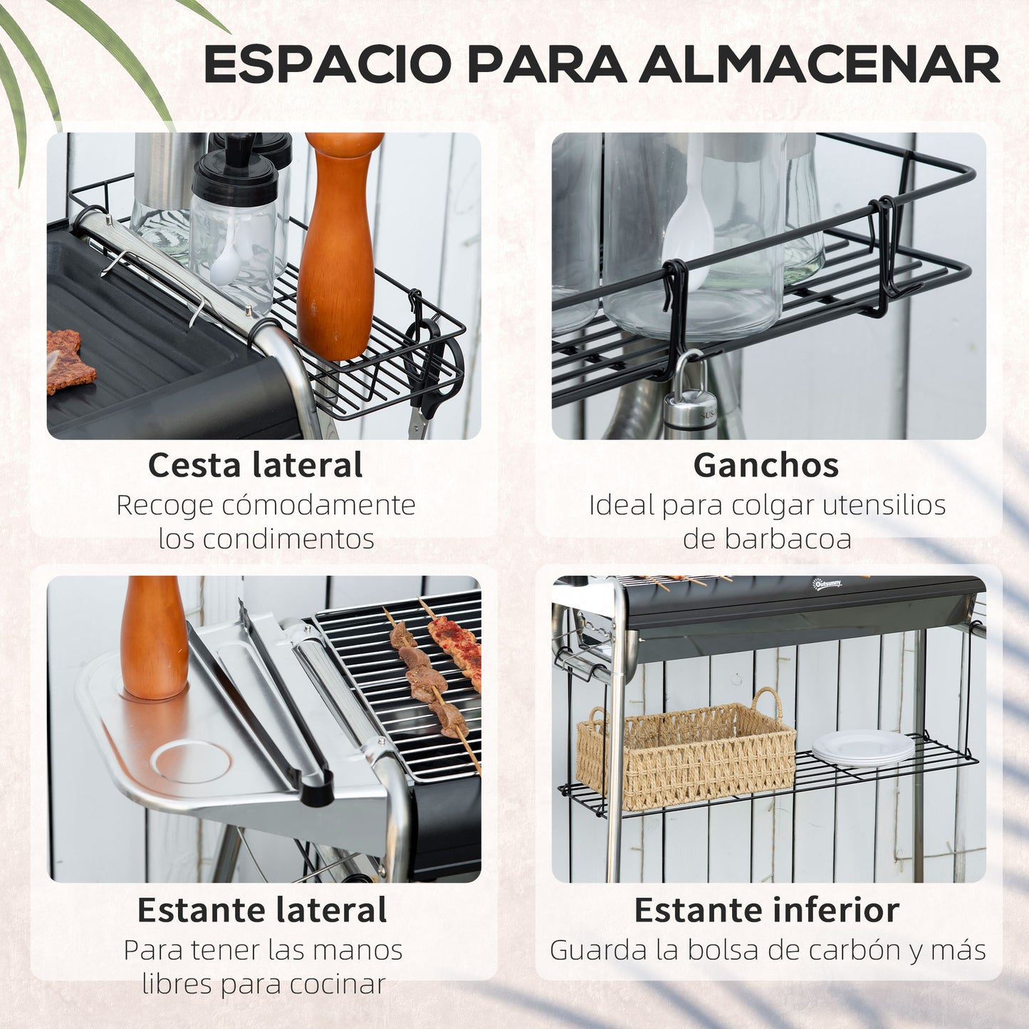 Outsunny Barbacoa de Carbón Barbacoa Portátil con Parrilla de Acero Inoxidable Bandeja Especiero y Estante de Almacenamiento para Jardín Camping 96x61x72 cm Negro