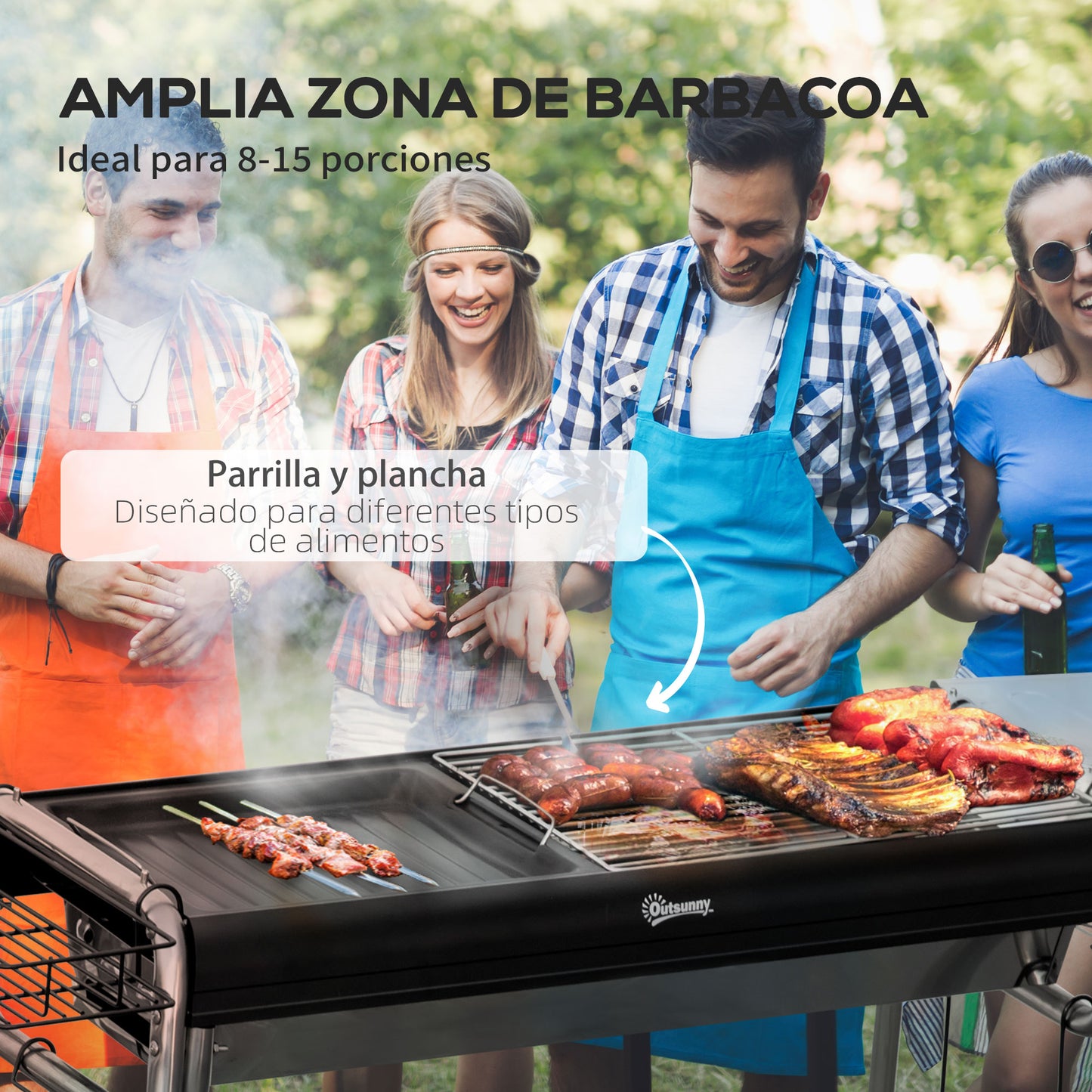 Outsunny Barbacoa de Carbón Barbacoa Portátil con Parrilla de Acero Inoxidable Bandeja Especiero y Estante de Almacenamiento para Jardín Camping 96x61x72 cm Negro