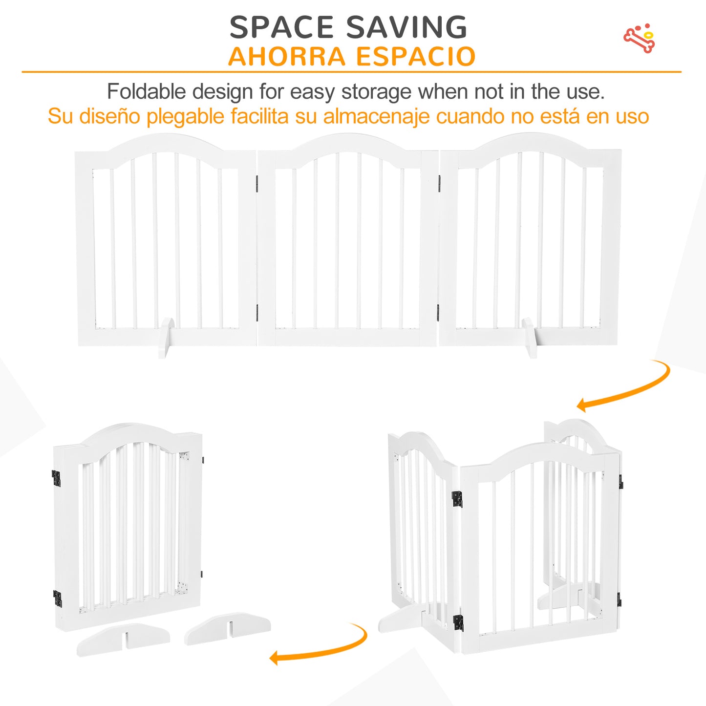 PawHut Barrera de Seguridad para Perros Pequeños Plegable Barrera para Perros en Casa de 3 Paneles con Patas Anchos para Escaleras Pasillos 154,5x29,5x61 cm Blanco