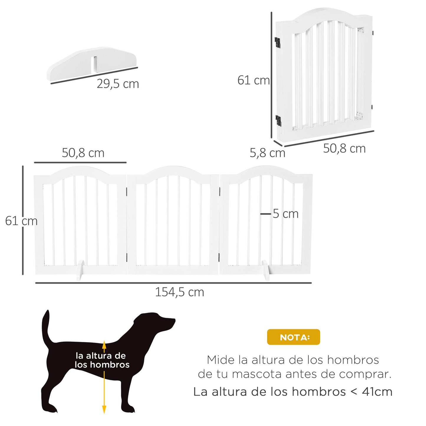 PawHut Barrera de Seguridad para Perros Pequeños Plegable Barrera para Perros en Casa de 3 Paneles con Patas Anchos para Escaleras Pasillos 154,5x29,5x61 cm Blanco