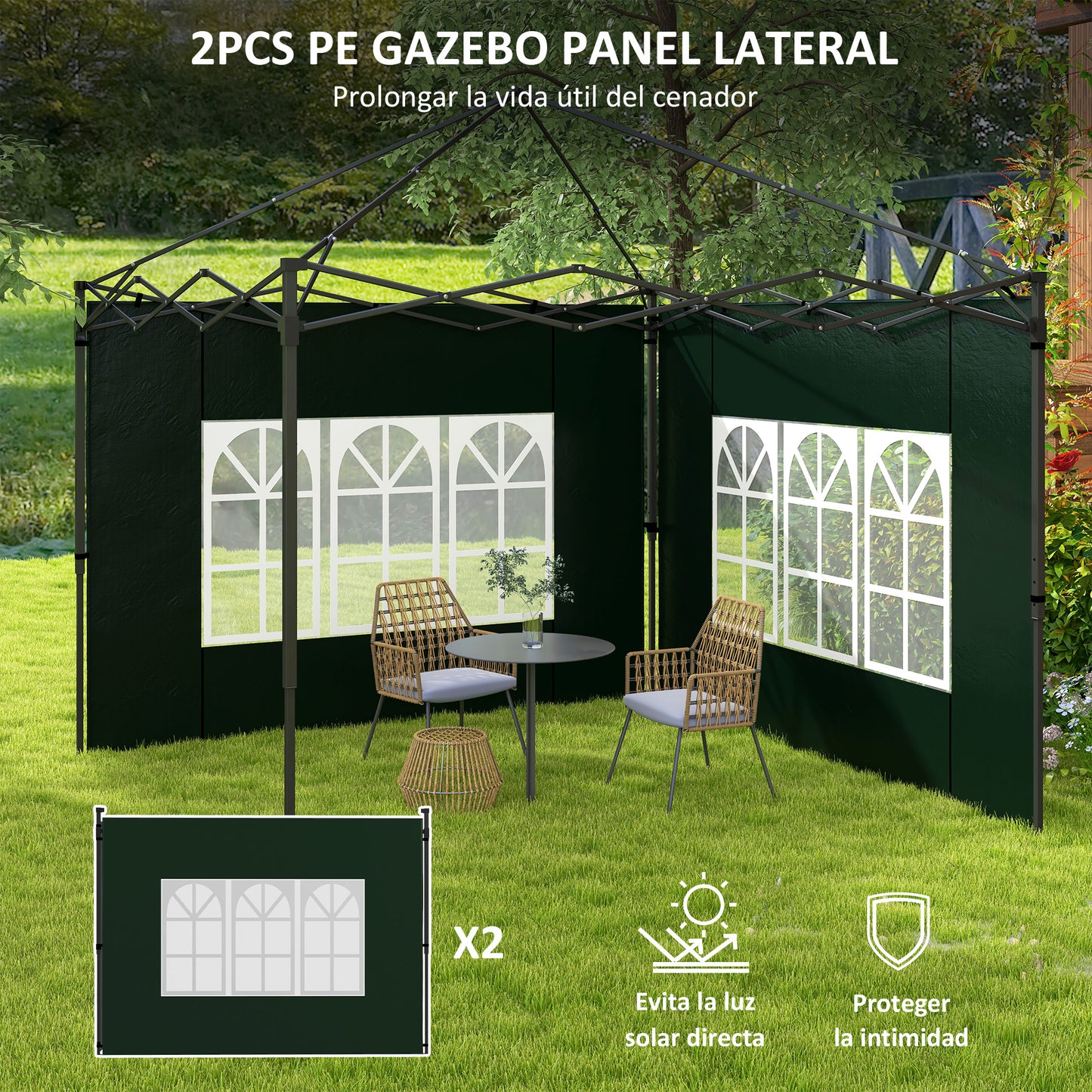 Outsunny Paredes Laterales para Carpa 3x3 m y 3x6 m Juego de 2 Paredes para Cenador con Ventanas 293x193 cm Verde Oscuro