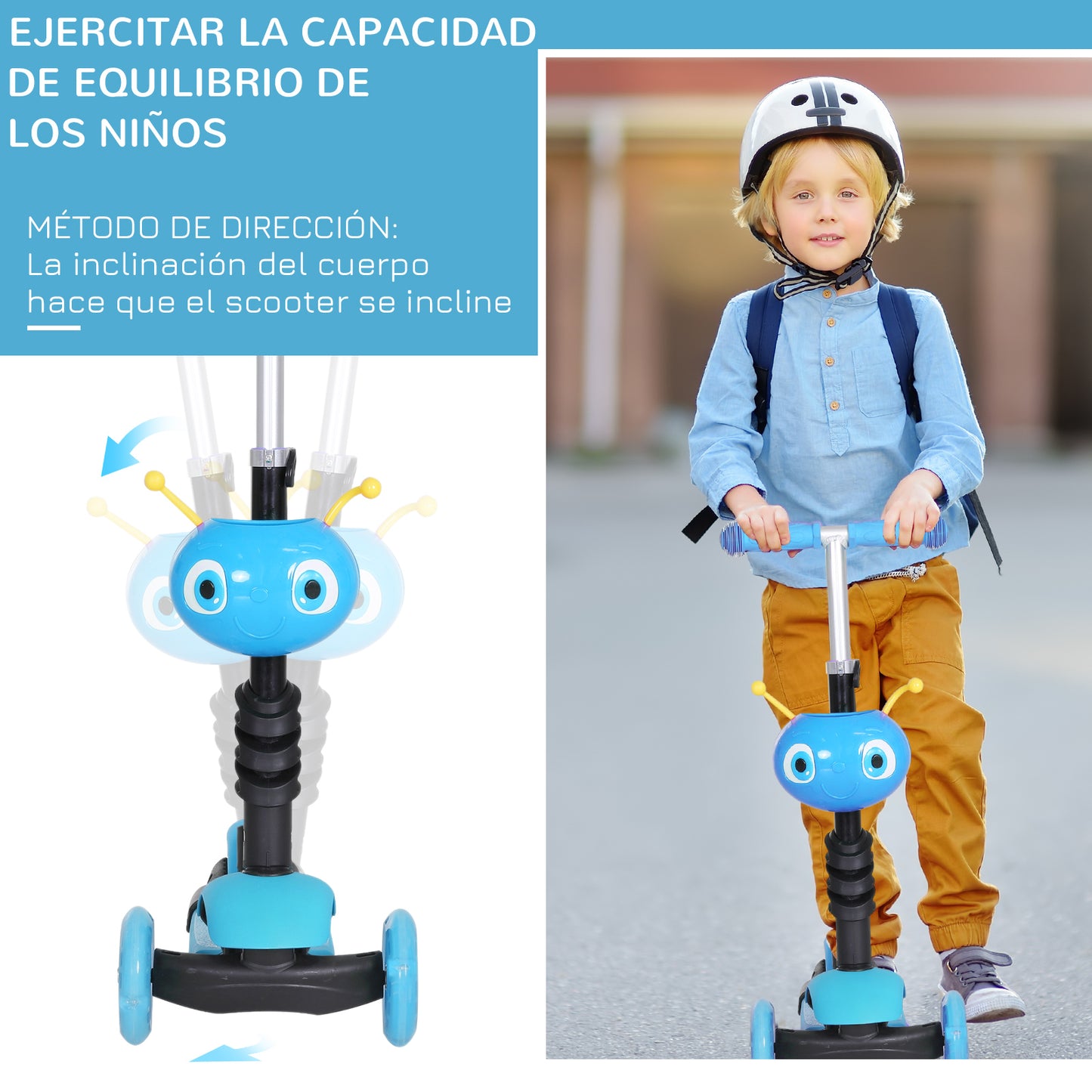 HOMCOM 3 en 1 Patinete para Niños de +18 Meses o Scooter de 3 Ruedas con Asiento Extraíble Manillar Mango de Empuje Altura Ajustable 62x25x72,5 cm Azul