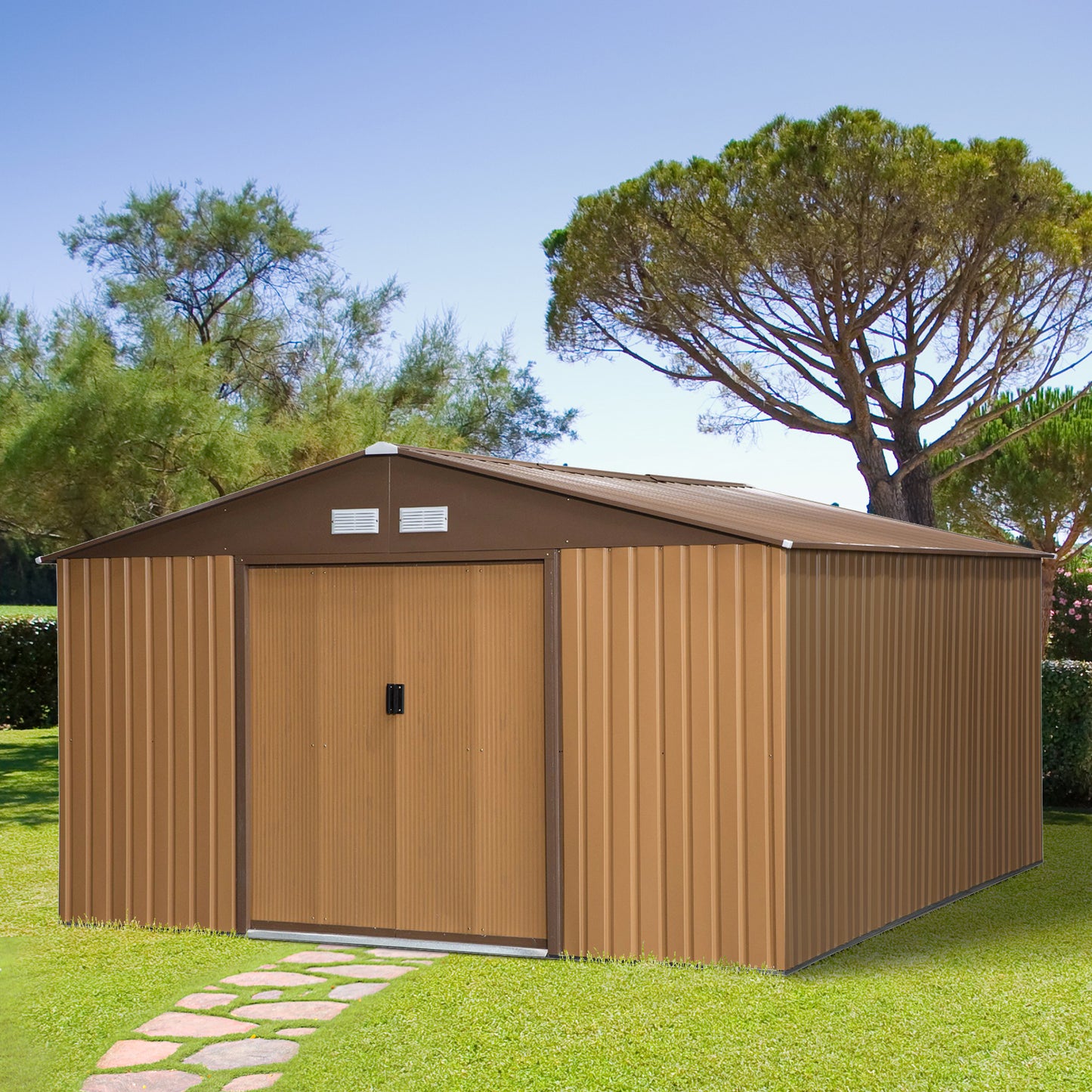 Outsunny Caseta de Jardín de Exterior Cobertizo de Jardín 12,4 m² 340x386x200 cm con 2 Puertas Corredizas Base Refuerzo (Suelo NO Incluido) para Patio Terraza Ocre Oscuro