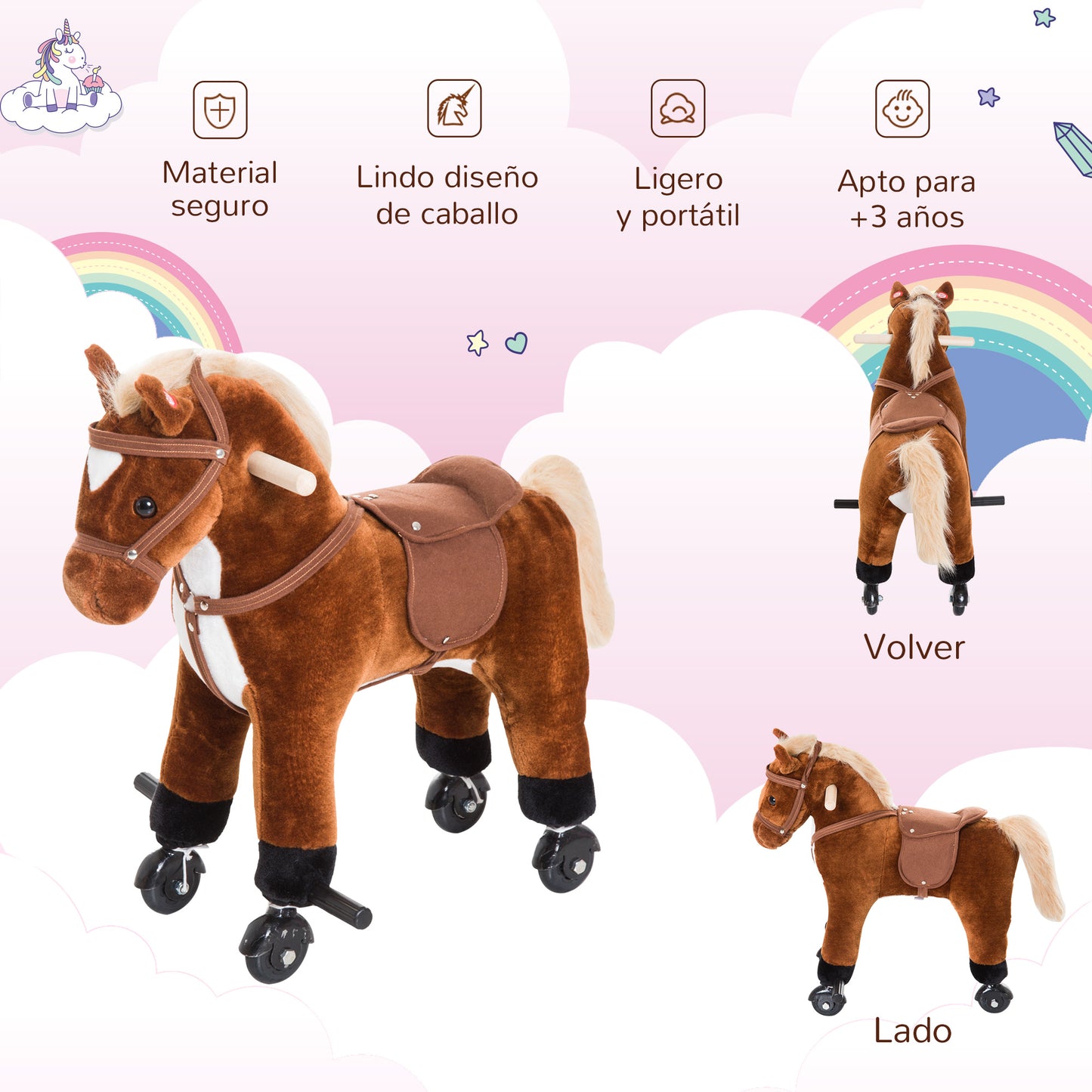 HOMCOM Caballito para Bebes de +36 Meses Caballo con Ruedas Sonidos de Relincho Palos y Pedales Carga 60 kg 55x23x60 cm Marrón