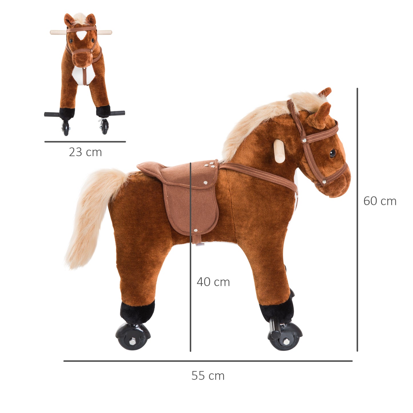 HOMCOM Caballito para Bebes de +36 Meses Caballo con Ruedas Sonidos de Relincho Palos y Pedales Carga 60 kg 55x23x60 cm Marrón