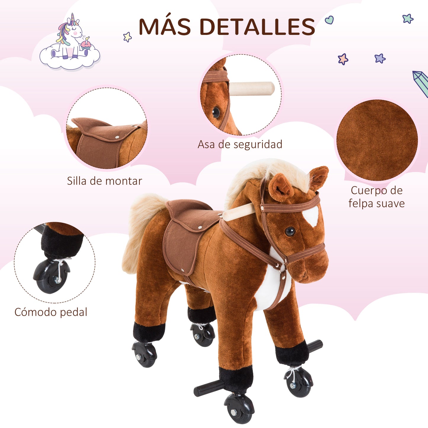 HOMCOM Caballito para Bebes de +36 Meses Caballo con Ruedas Sonidos de Relincho Palos y Pedales Carga 60 kg 55x23x60 cm Marrón