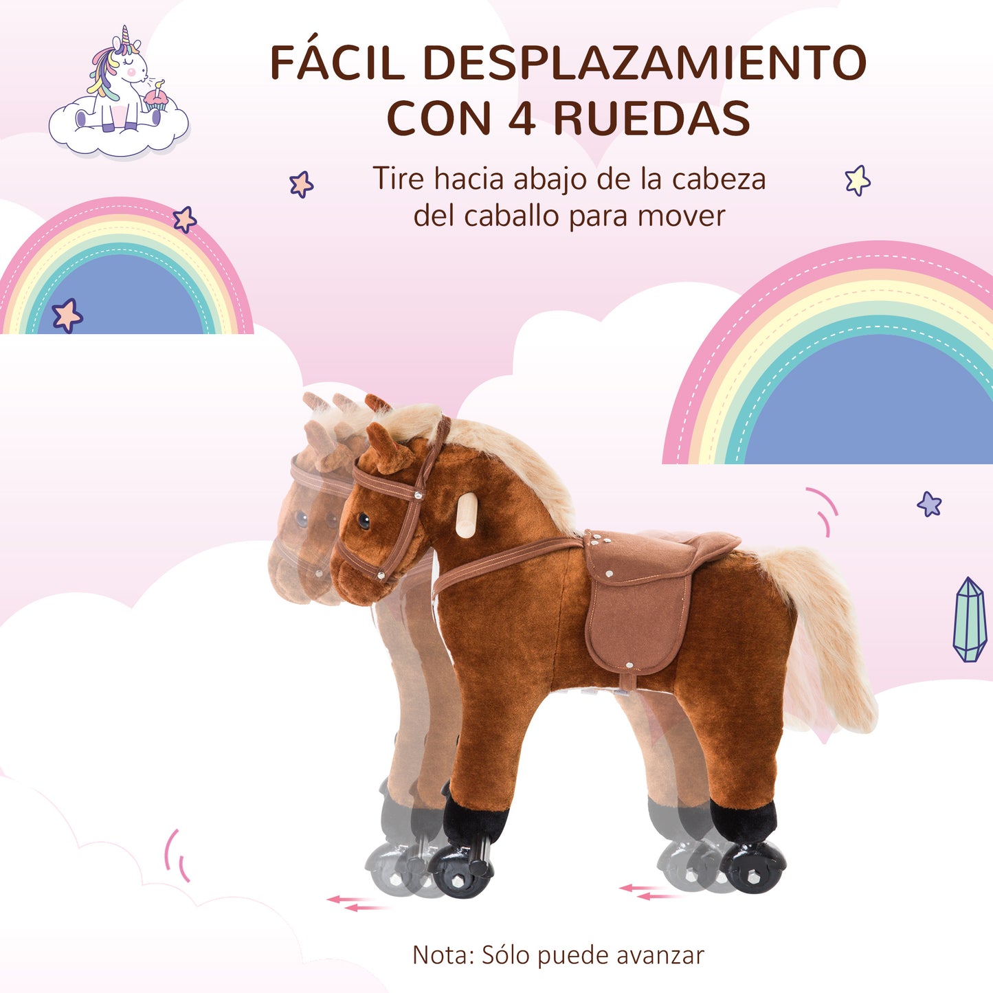 HOMCOM Caballito para Bebes de +36 Meses Caballo con Ruedas Sonidos de Relincho Palos y Pedales Carga 60 kg 55x23x60 cm Marrón