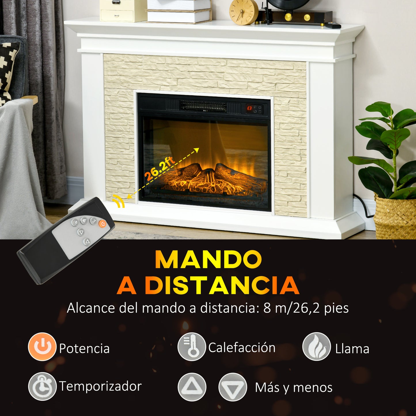 HOMCOM Chimenea Eléctrica con Calefacción 1800W Chimenea Decorativa Bajo Consumo Efecto de Llama Control Remoto Temporizador Semanal y Protección Sobrecalentamiento hasta 30 m² 120x24x80 cm Blanco