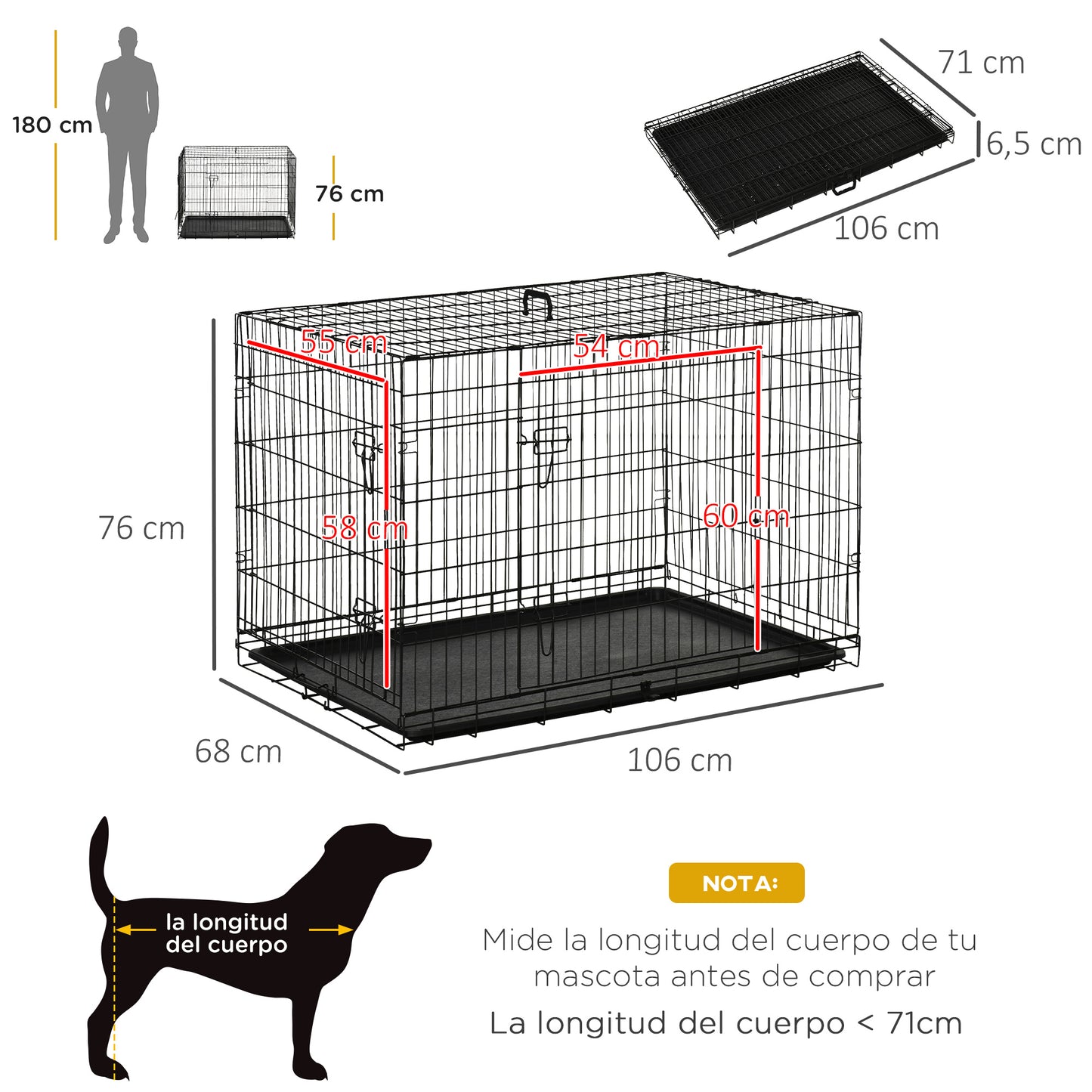 PawHut Jaula para Perros Plegable Transportín para Perros con 2 Puertas Bandeja Extraíble y Asa de Transporte 106x68x76 cm Negro