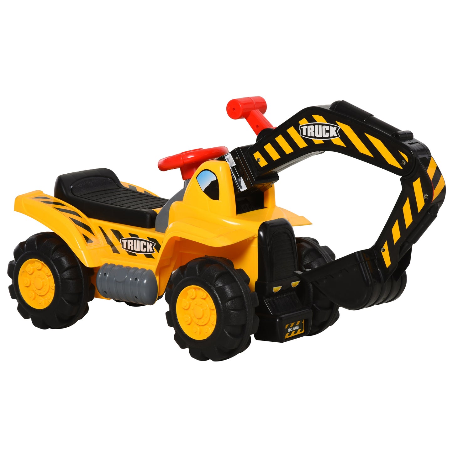 HOMCOM 4 en 1 Excavadora Juguete para Niños +18 Meses Tractor Infantil con Pala Caja Oculta de Almacenaje Aro de Baloncesto Volante Giratorio 98x30x46 cm Amarillo