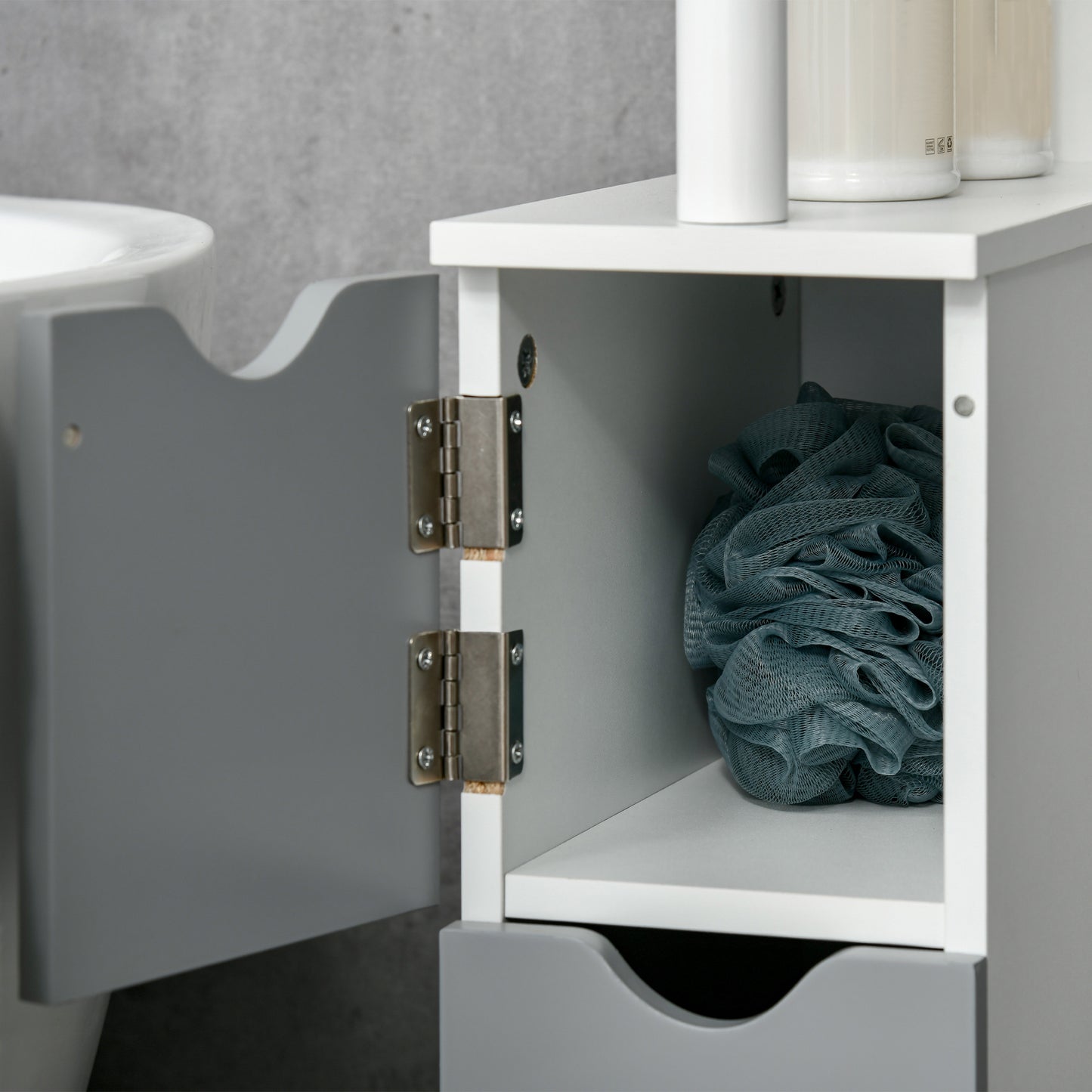 kleankin Columna de Baño Mueble de Baño con Puertas y Estantes Abiertos Armario de Baño Estilo Moderno 15,2x29,8x118 cm Blanco y Gris