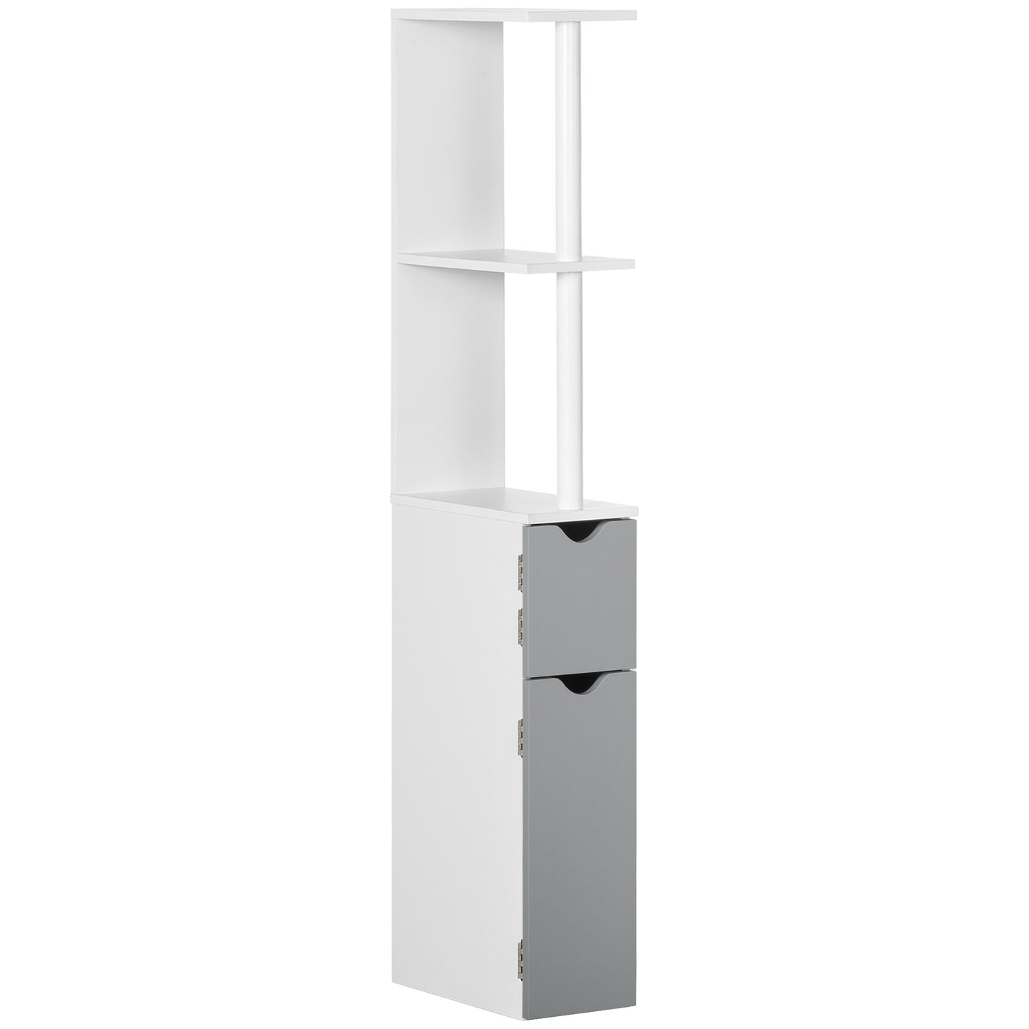 kleankin Columna de Baño Mueble de Baño con Puertas y Estantes Abiertos Armario de Baño Estilo Moderno 15,2x29,8x118 cm Blanco y Gris