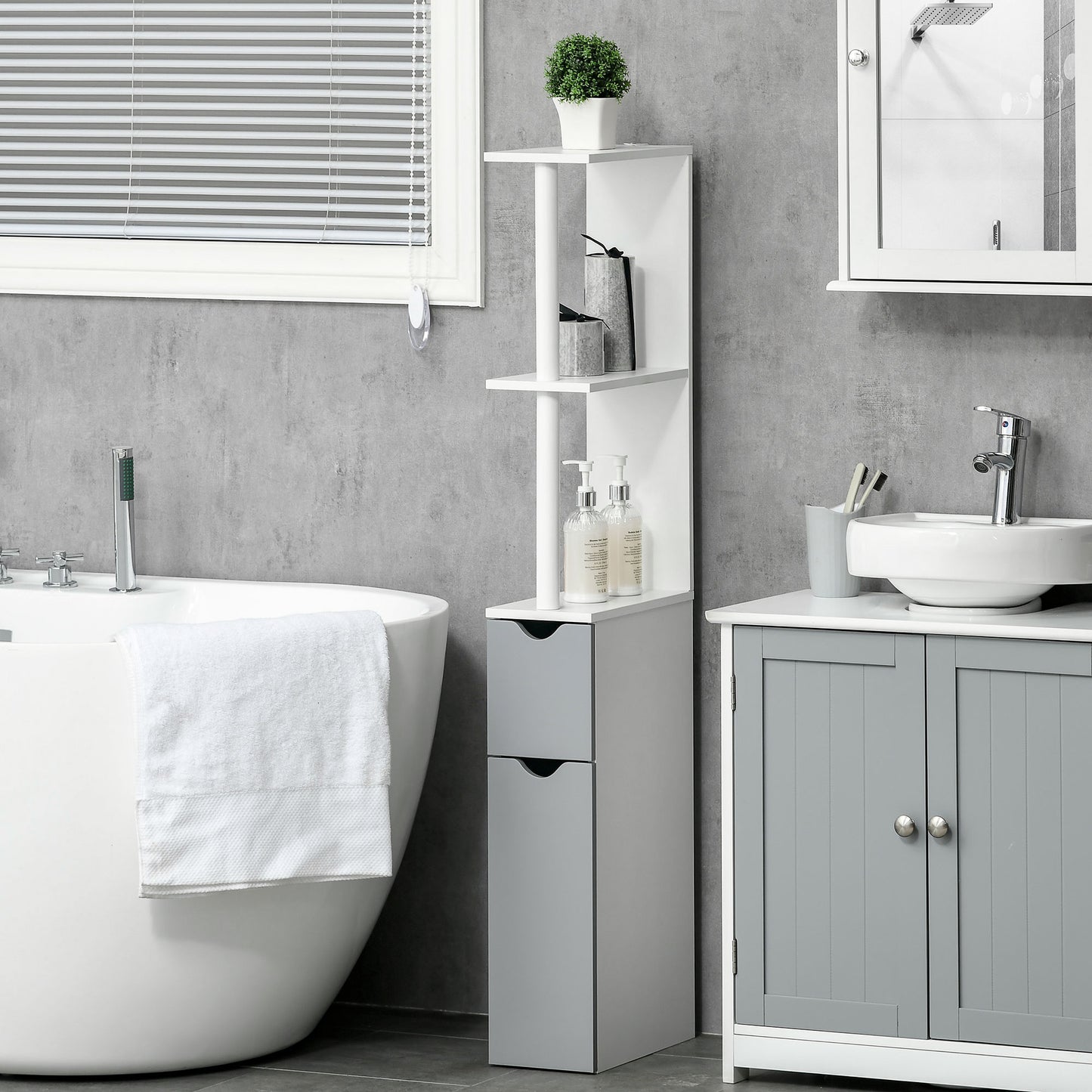 kleankin Columna de Baño Mueble de Baño con Puertas y Estantes Abiertos Armario de Baño Estilo Moderno 15,2x29,8x118 cm Blanco y Gris