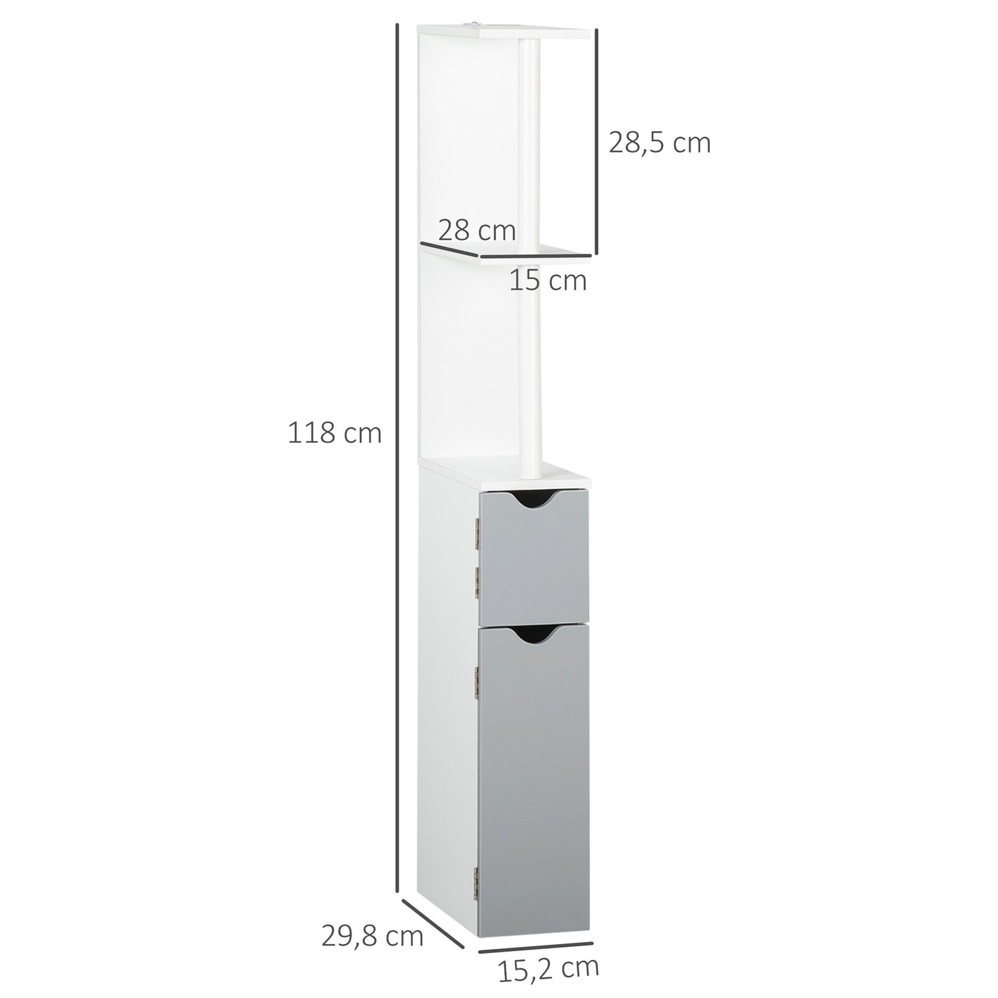 kleankin Columna de Baño Mueble de Baño con Puertas y Estantes Abiertos Armario de Baño Estilo Moderno 15,2x29,8x118 cm Blanco y Gris