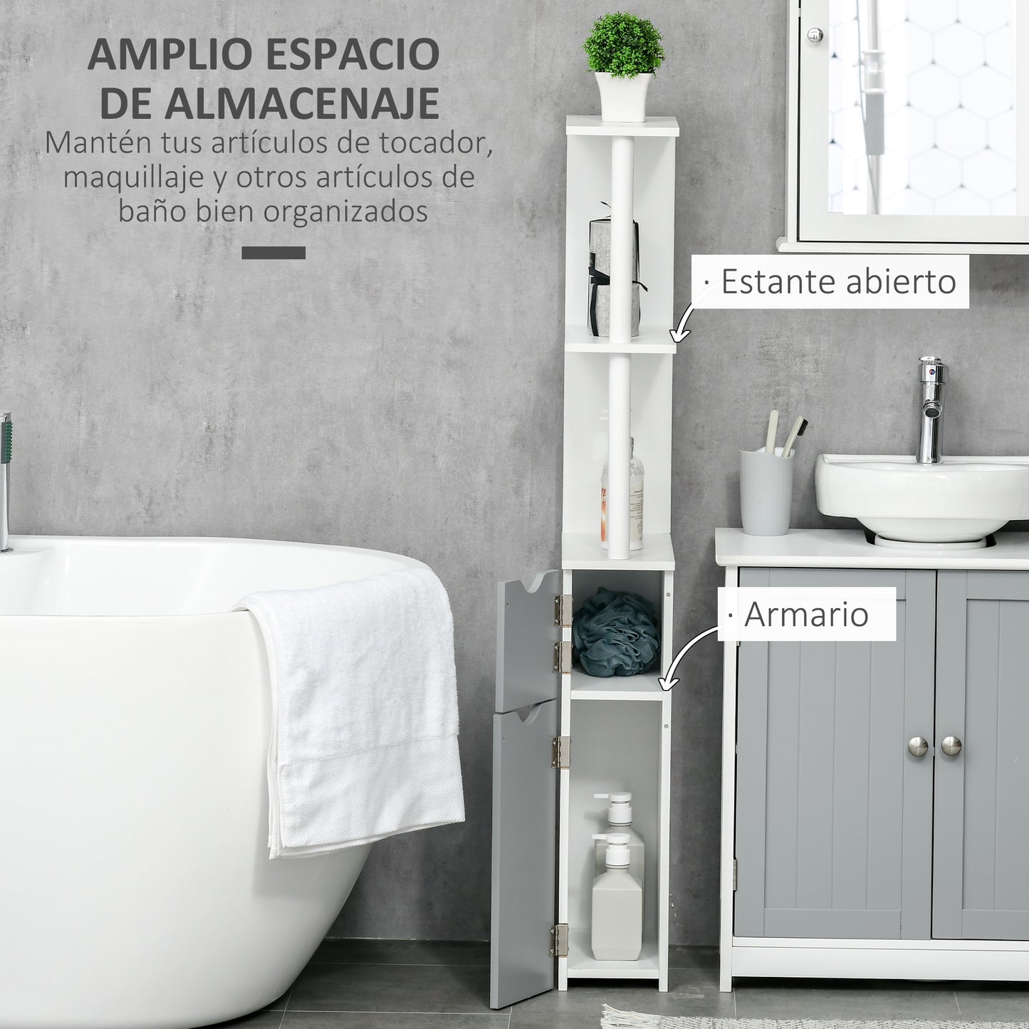 kleankin Columna de Baño Mueble de Baño con Puertas y Estantes Abiertos Armario de Baño Estilo Moderno 15,2x29,8x118 cm Blanco y Gris