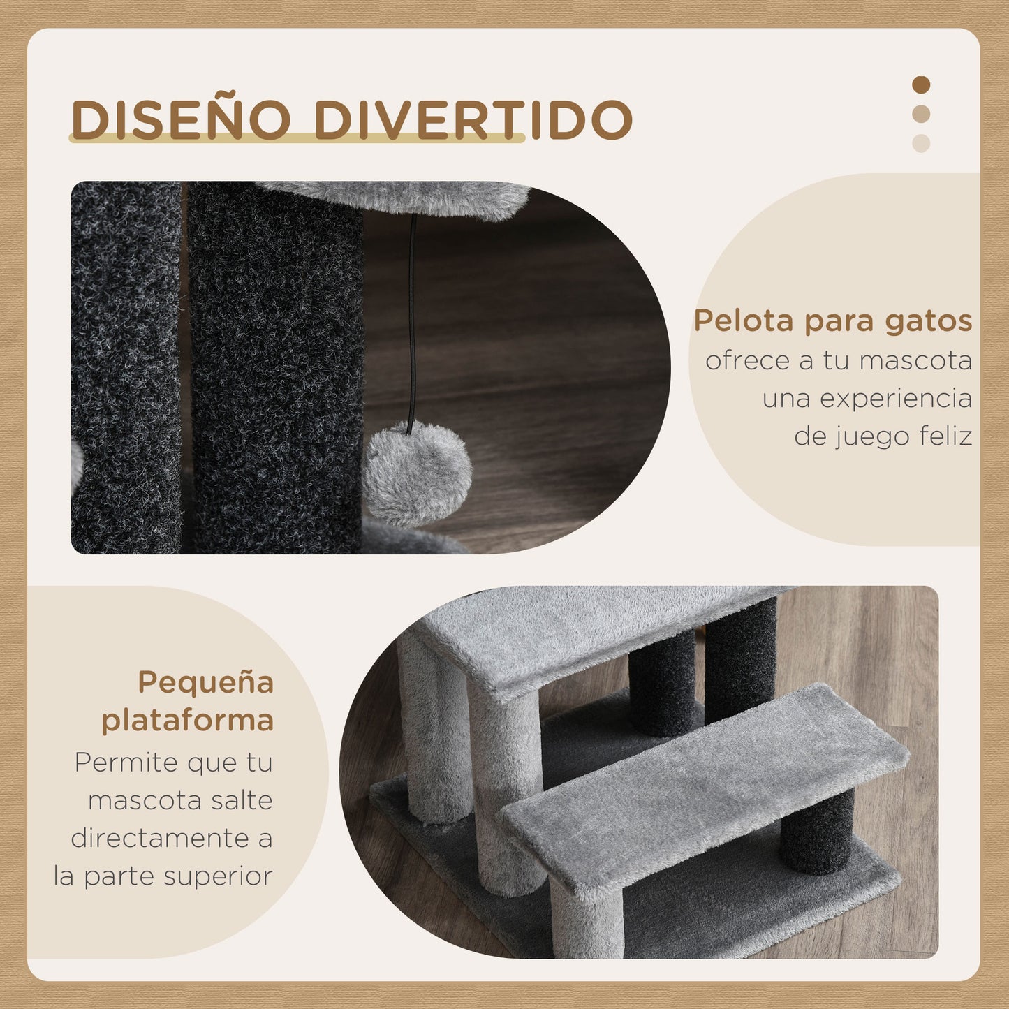 PawHut Escaleras para Gatos de 3 Escalones Escaleras para Mascotas Árbol Rascador para Gatos Pequeño con Poste Rascador Bola Colgante 45x40x48 cm Gris