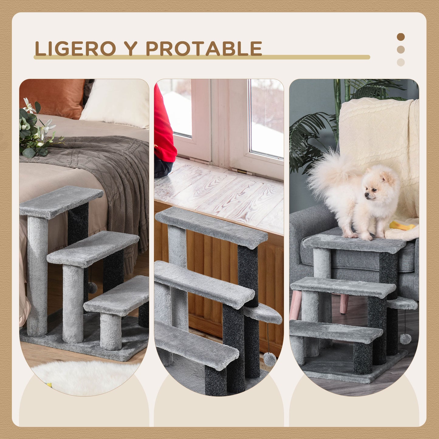 PawHut Escaleras para Gatos de 3 Escalones Escaleras para Mascotas Árbol Rascador para Gatos Pequeño con Poste Rascador Bola Colgante 45x40x48 cm Gris