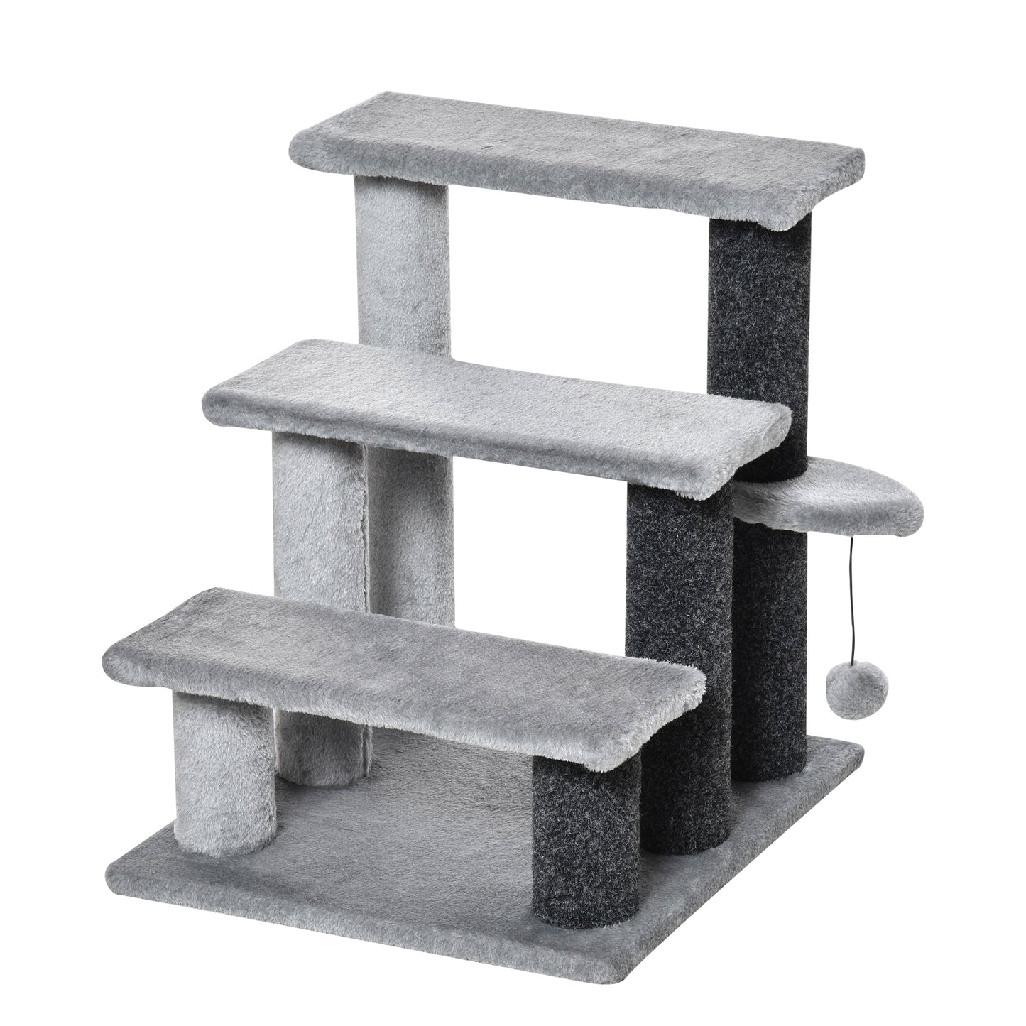 PawHut Escaleras para Gatos de 3 Escalones Escaleras para Mascotas Árbol Rascador para Gatos Pequeño con Poste Rascador Bola Colgante 45x40x48 cm Gris