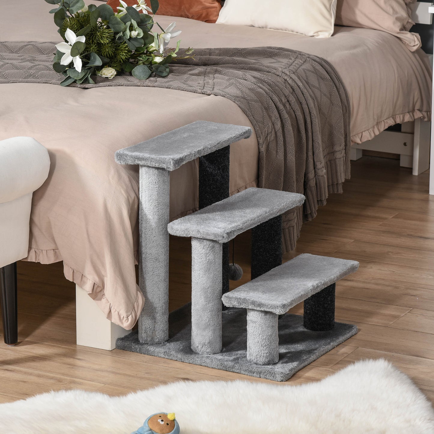 PawHut Escaleras para Gatos de 3 Escalones Escaleras para Mascotas Árbol Rascador para Gatos Pequeño con Poste Rascador Bola Colgante 45x40x48 cm Gris