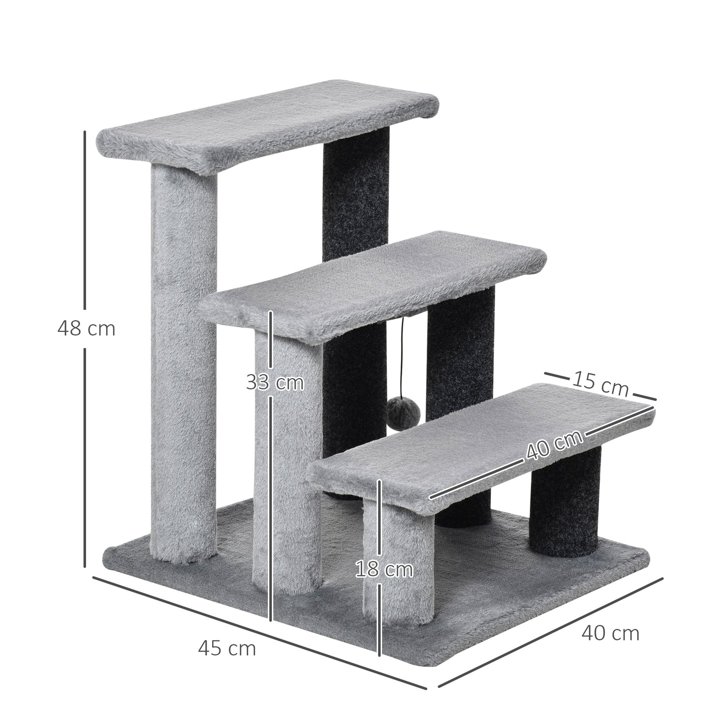 PawHut Escaleras para Gatos de 3 Escalones Escaleras para Mascotas Árbol Rascador para Gatos Pequeño con Poste Rascador Bola Colgante 45x40x48 cm Gris