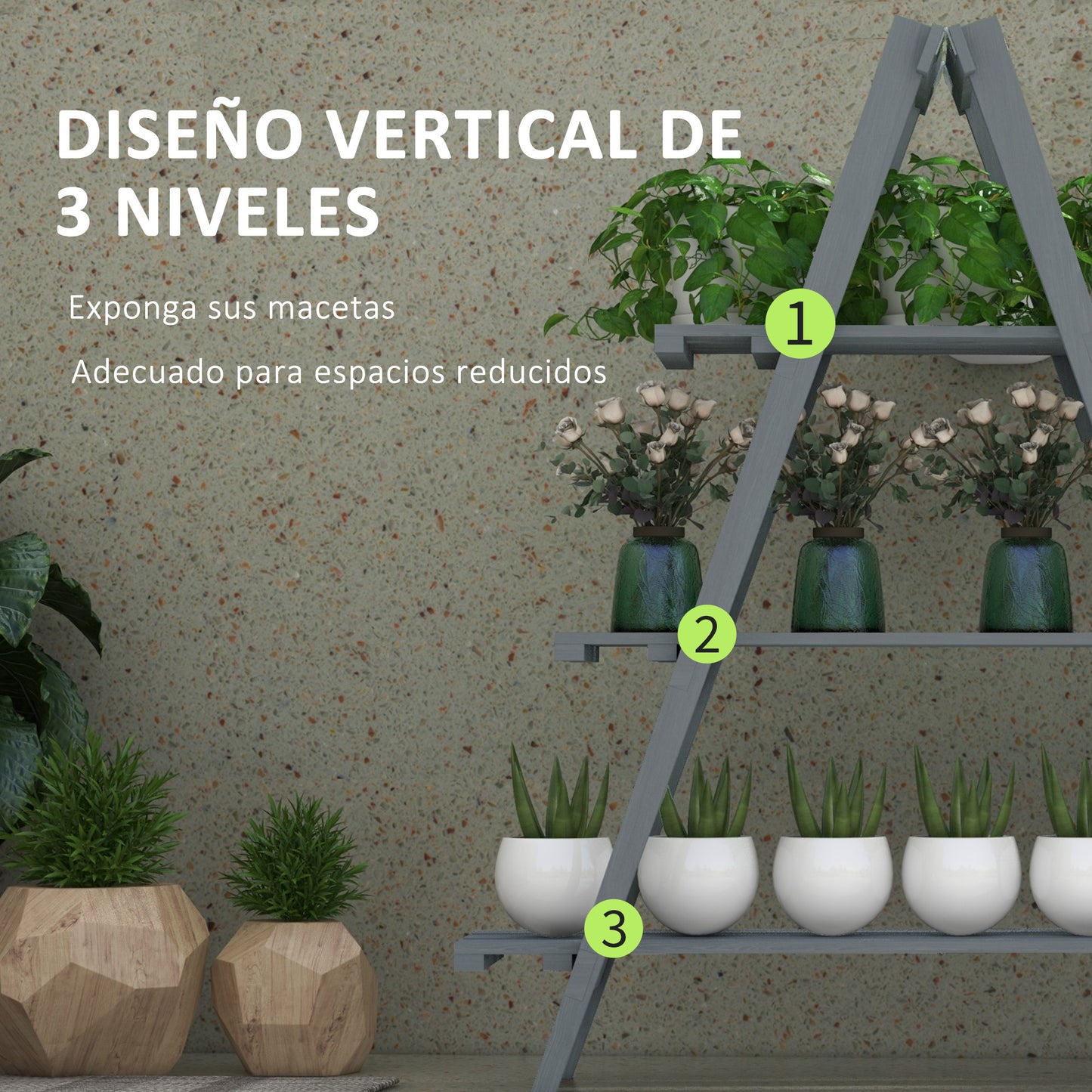 Outsunny Estantería para Plantas Plegable de Madera Soporte para Macetas de 3 Niveles con Marco en A para Exteriores Interiores Salón Jardín Balcón 100x36x112 cm Gris