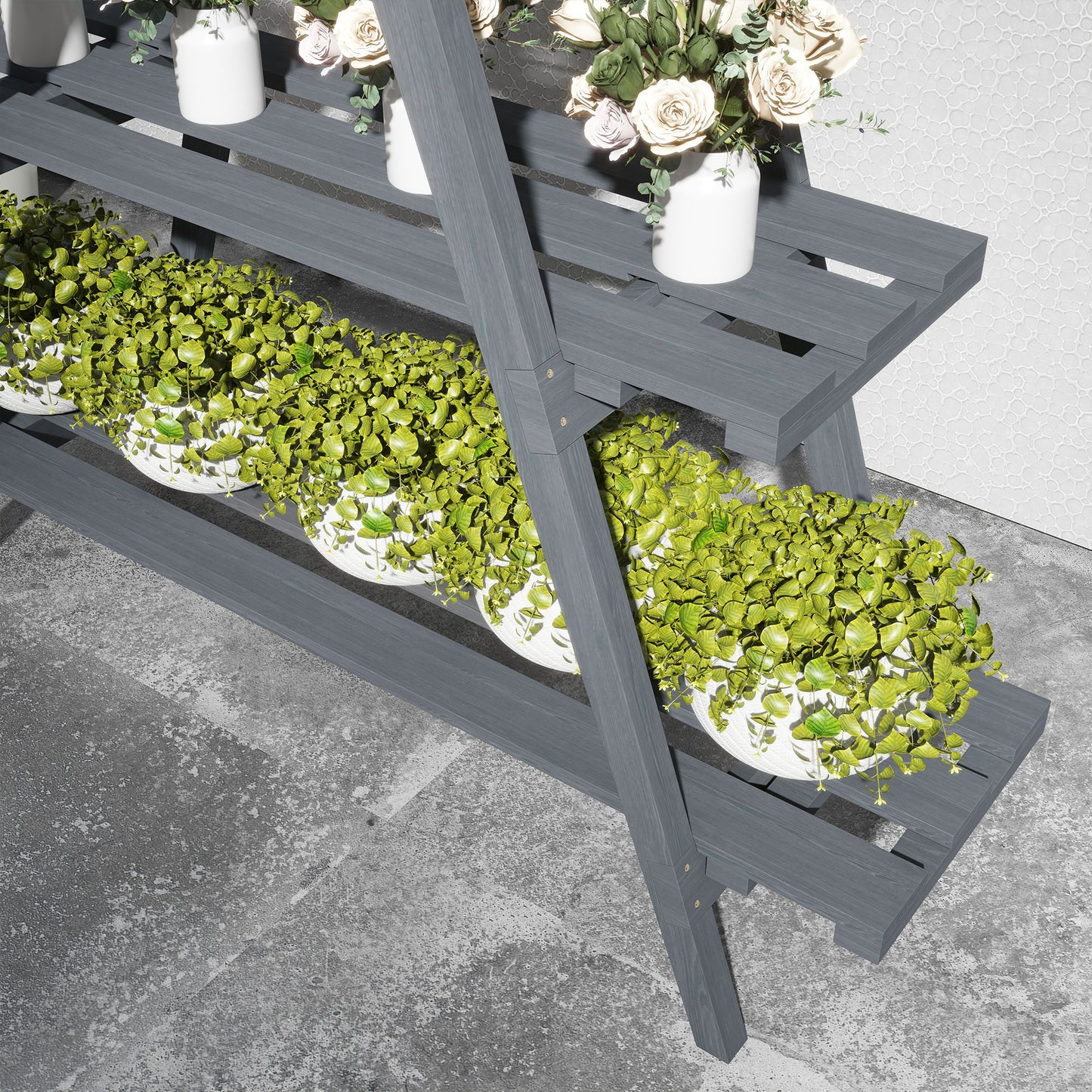 Outsunny Estantería para Plantas Plegable de Madera Soporte para Macetas de 3 Niveles con Marco en A para Exteriores Interiores Salón Jardín Balcón 100x36x112 cm Gris