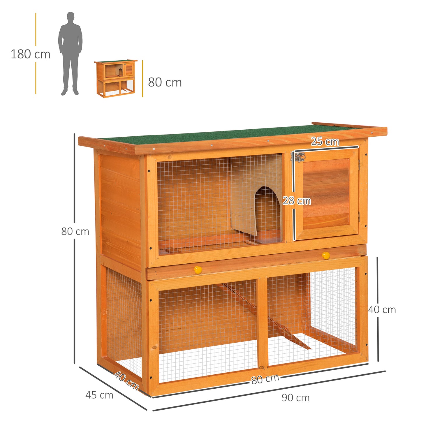 PawHut Conejera de Madera 90x45x80 cm Jaula para Conejos con Corral de Metal Techo Asfáltico Bandeja Extraíble y Rampa Natural