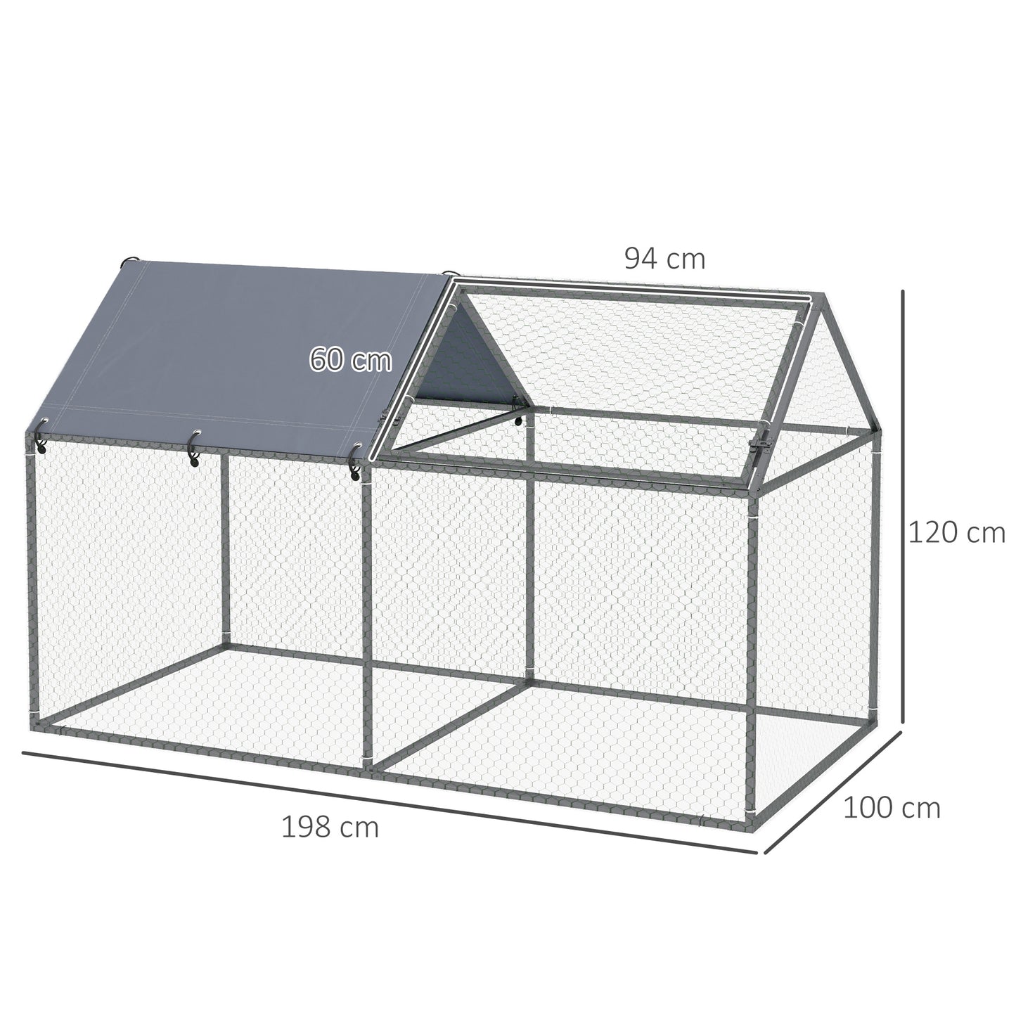 PawHut Jaula para Animales Pequeños Parque para Mascotas de Acero con 1 Puerta Superior y 1 Tela Superior de Anti-UV para Exterior Jardín 198x100x120 cm Plata