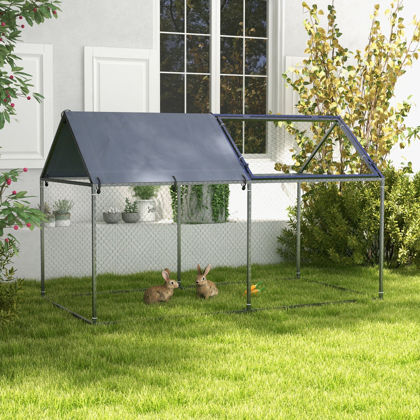 PawHut Jaula para Animales Pequeños Parque para Mascotas de Acero con 1 Puerta Superior y 1 Tela Superior de Anti-UV para Exterior Jardín 198x100x120 cm Plata