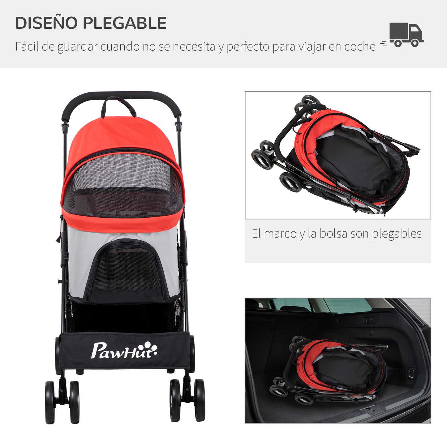 PawHut Carrito para Perros Plegable 3 en 1 Cochecito para Mascotas Carrito para Perros Pequeños con Vagón Desmontable Cesta de Almacenaje Correas de Seguridad y Cojín Rojo