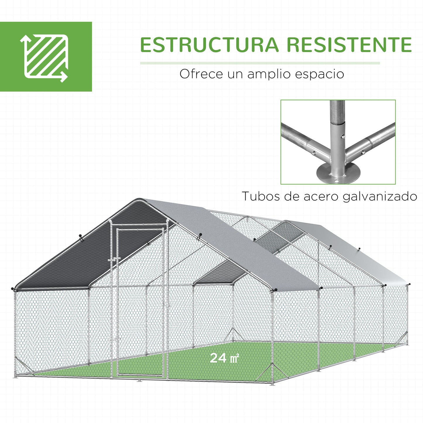 PawHut Conjunto de 1 Gallinero de Madera con 2 Nidos Bandeja Extraíble 150x100x96,5 cm y 1 Gallinero para Exterior Grande de Acero Galvanizado 3x8x2 m