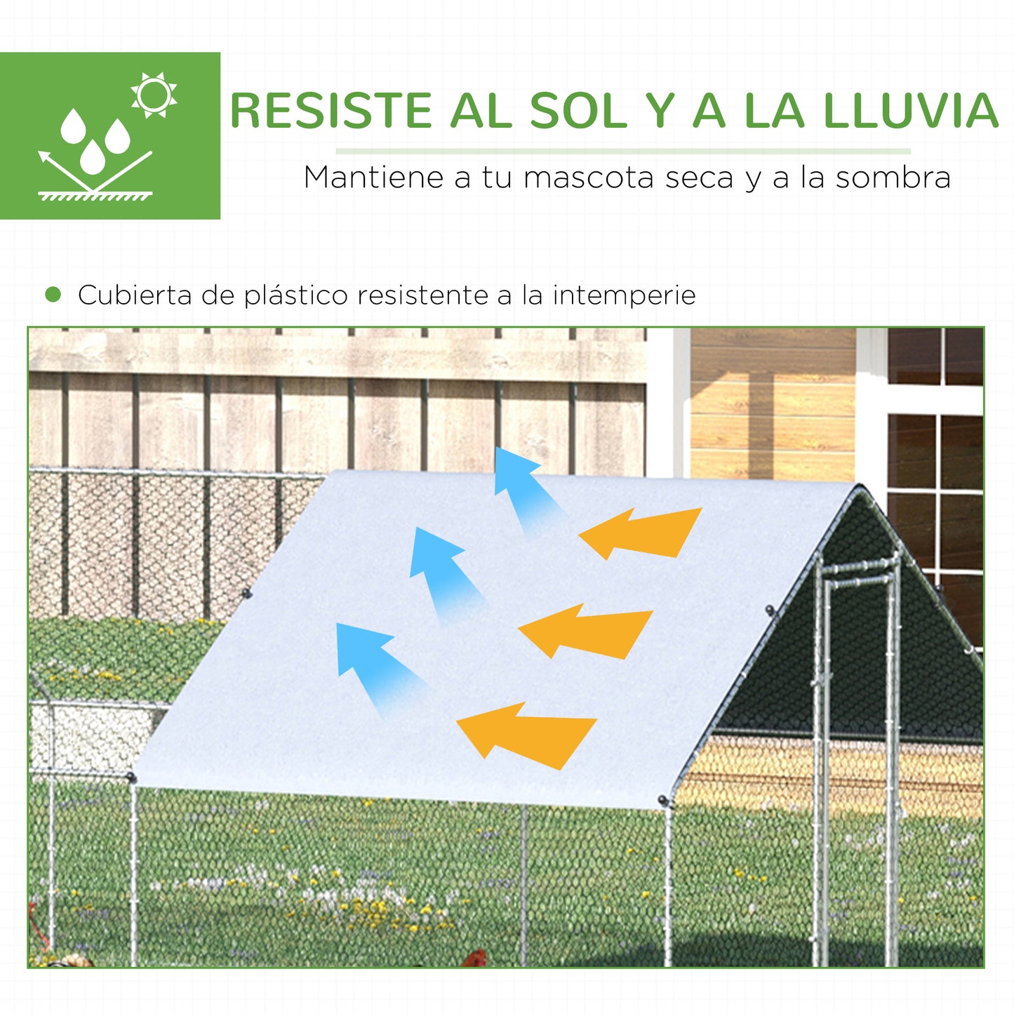 PawHut Conjunto de 1 Gallinero de Madera con 2 Nidos Bandeja Extraíble 150x100x96,5 cm y 1 Gallinero para Exterior Grande de Acero Galvanizado 3x8x2 m