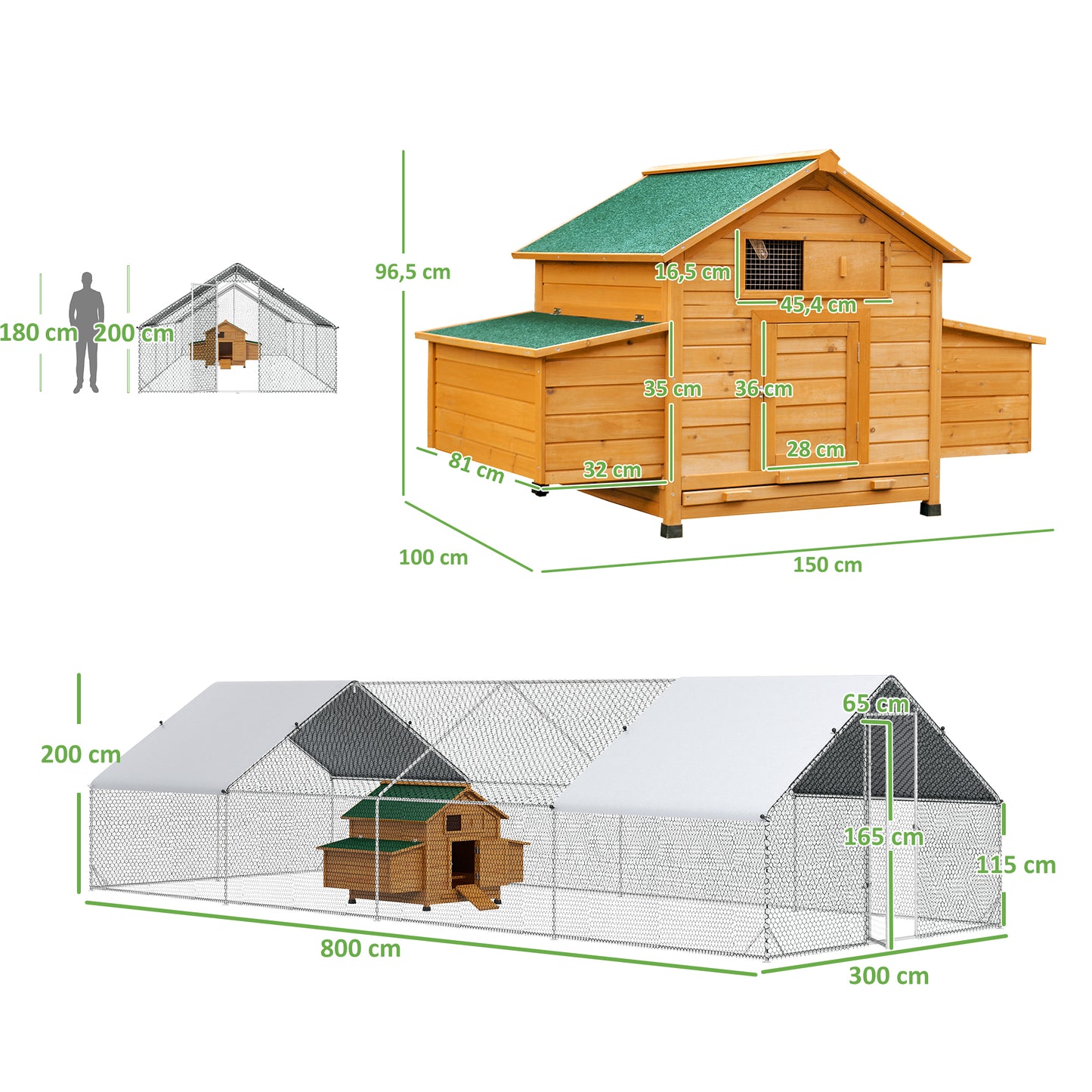 PawHut Conjunto de 1 Gallinero de Madera con 2 Nidos Bandeja Extraíble 150x100x96,5 cm y 1 Gallinero para Exterior Grande de Acero Galvanizado 3x8x2 m