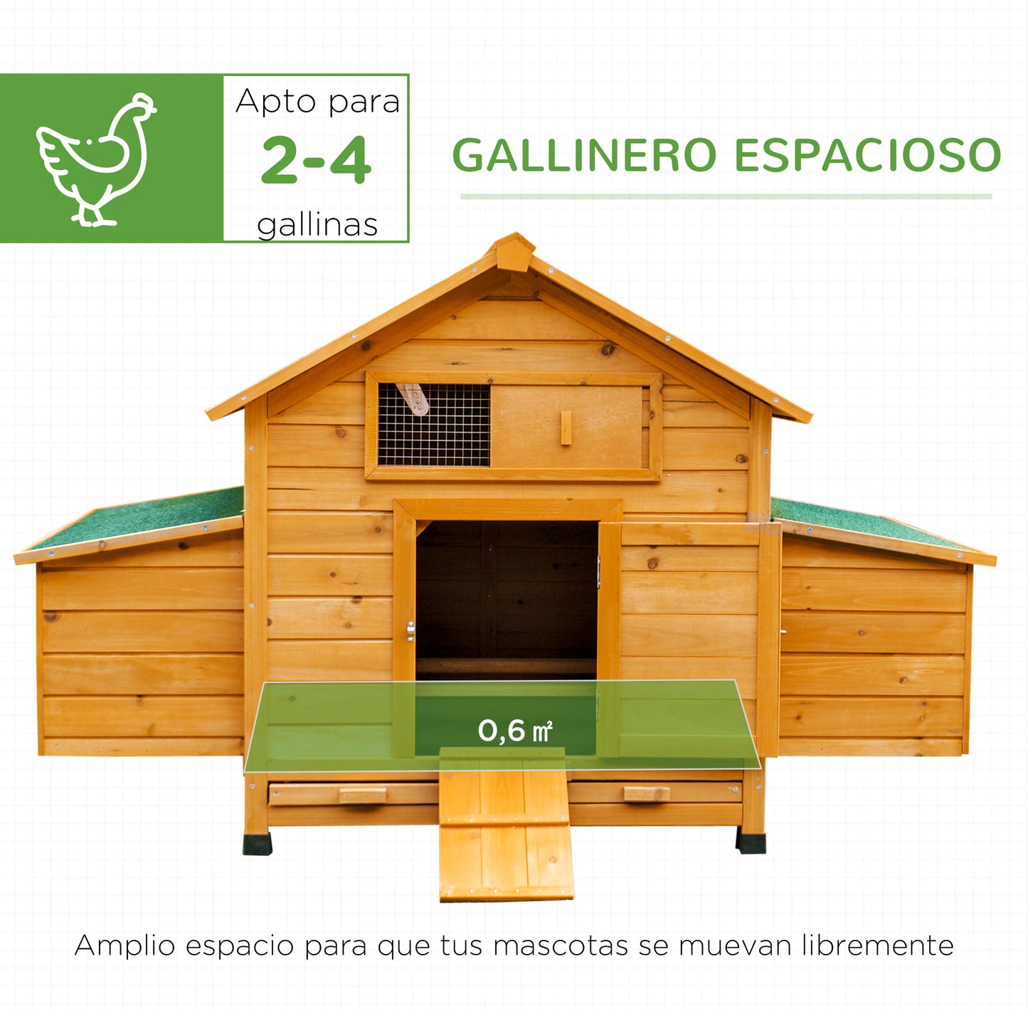 PawHut Conjunto de 1 Gallinero de Madera con 2 Nidos Bandeja Extraíble 150x100x96,5 cm y 1 Gallinero para Exterior Grande de Acero Galvanizado 3x8x2 m