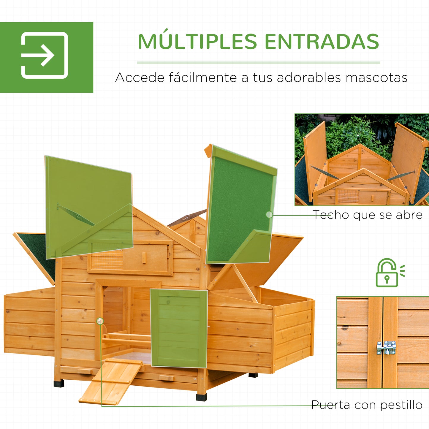 PawHut Conjunto de 1 Gallinero de Madera con 2 Nidos Bandeja Extraíble 150x100x96,5 cm y 1 Gallinero para Exterior Grande de Acero Galvanizado 3x8x2 m